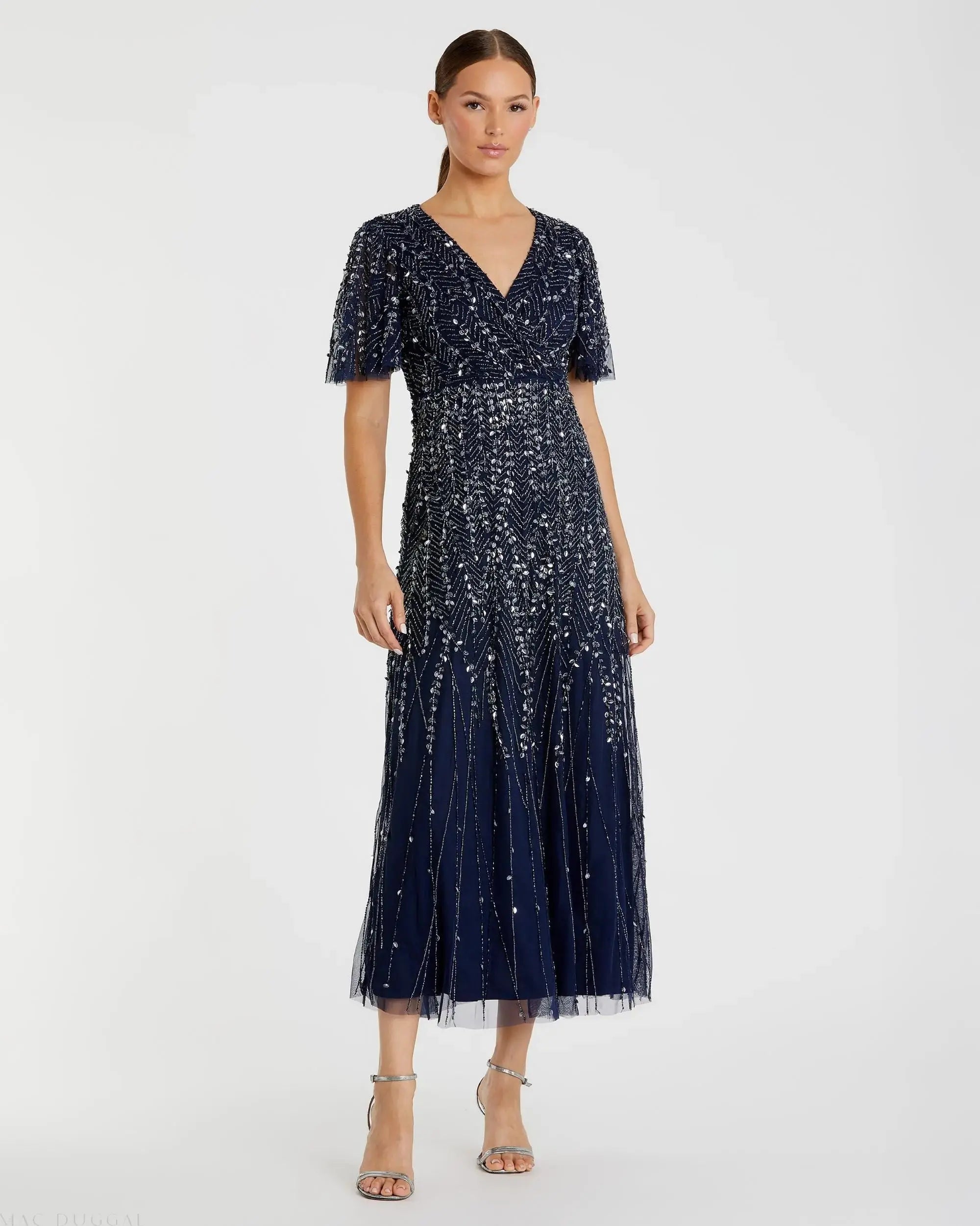 Navy Beaded Wrap Over Butterfly Sleeve Dress-Myartka