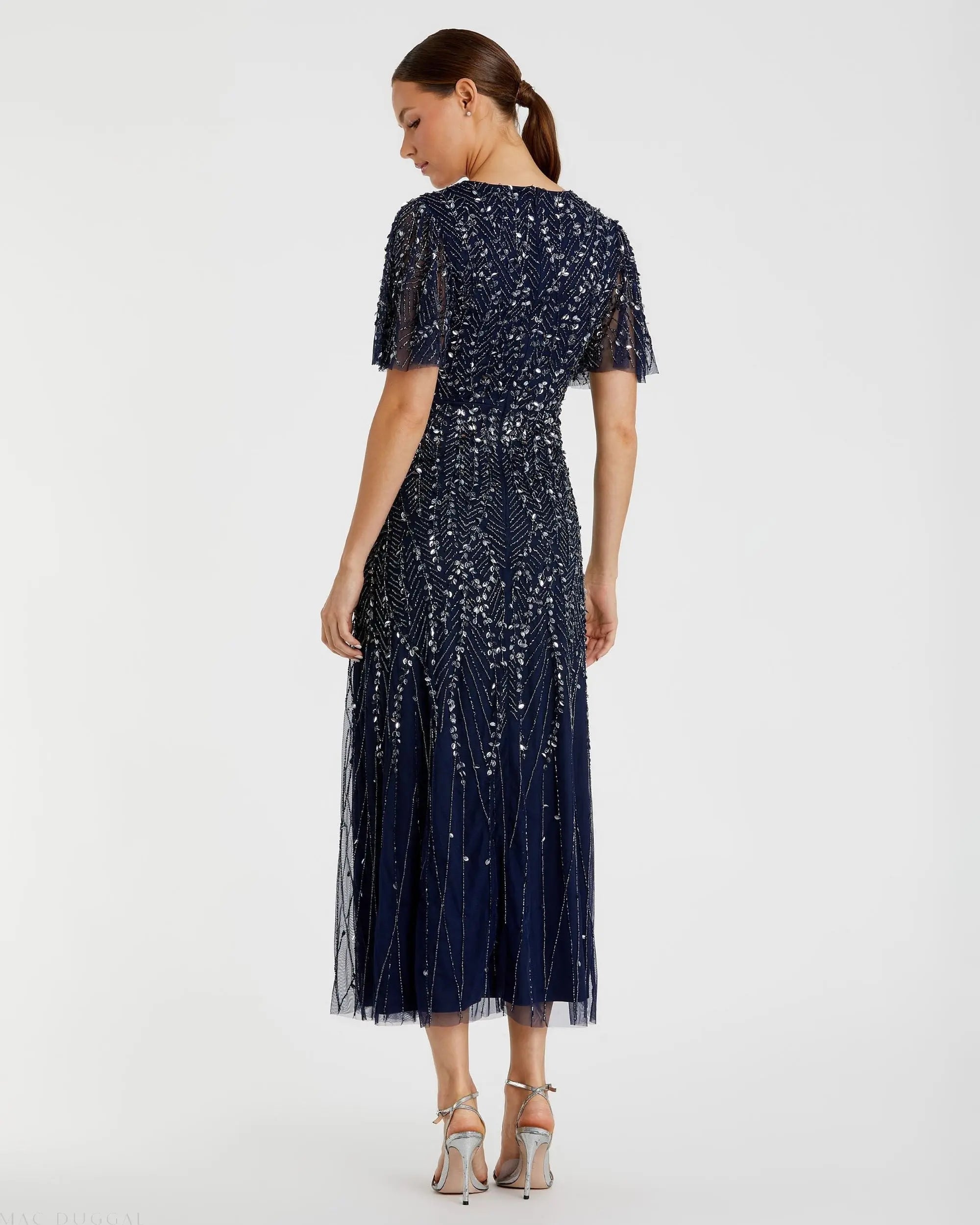 Navy Beaded Wrap Over Butterfly Sleeve Dress-Myartka