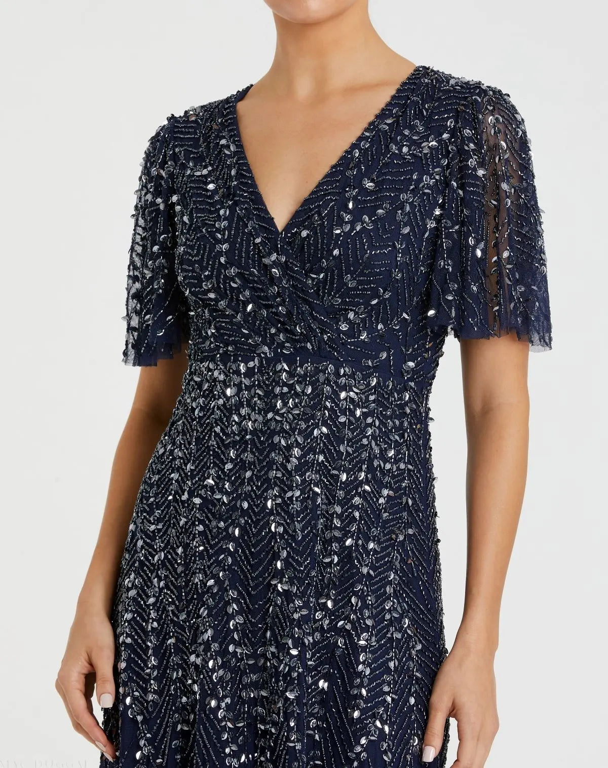 Navy Beaded Wrap Over Butterfly Sleeve Dress-Myartka