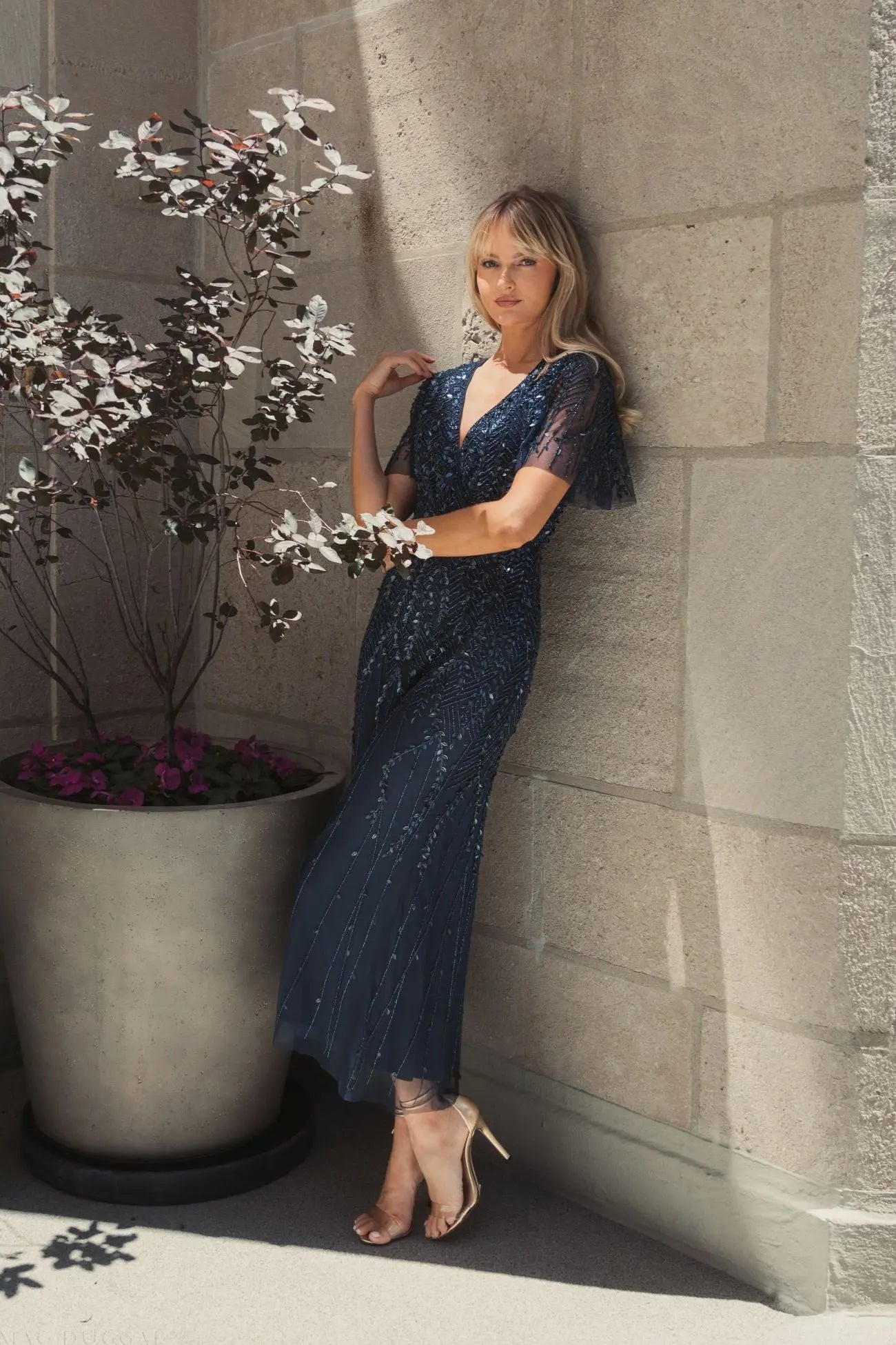 Navy Beaded Wrap Over Butterfly Sleeve Dress-Myartka