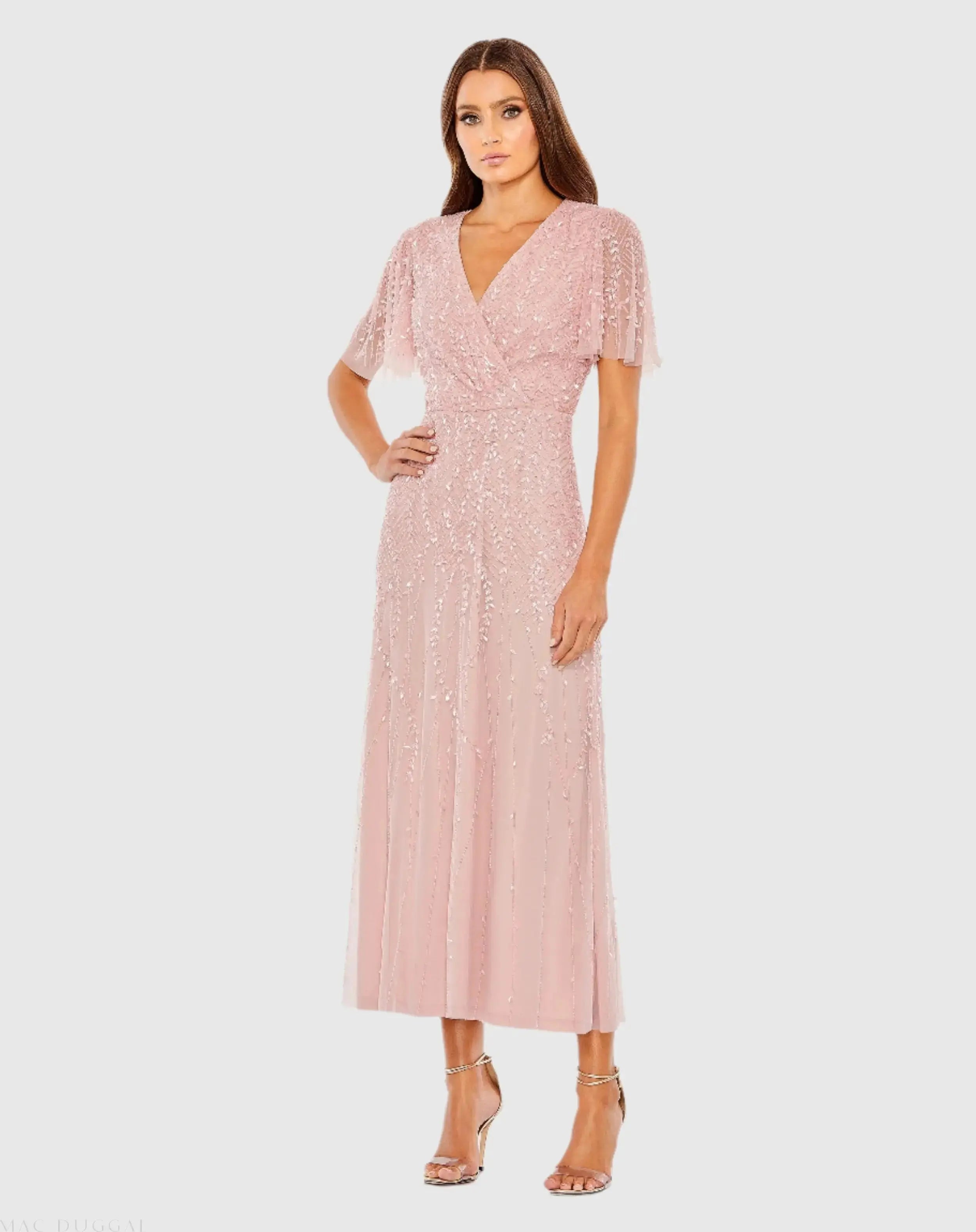 Pink Beaded Wrap Over Butterfly Sleeve Dress-Myartka