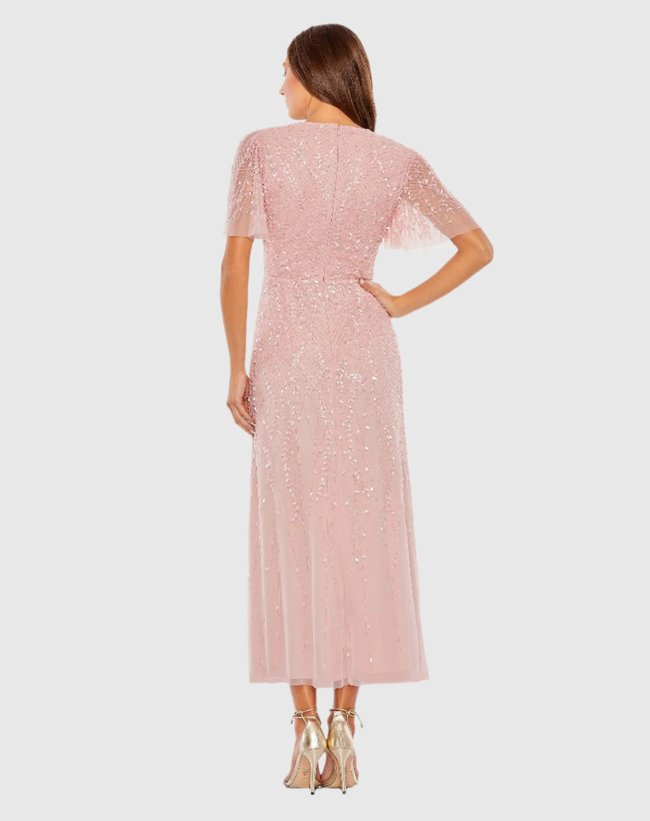 Pink Beaded Wrap Over Butterfly Sleeve Dress-Myartka