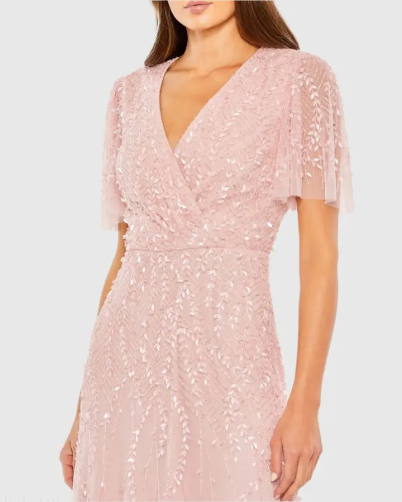Pink Beaded Wrap Over Butterfly Sleeve Dress-Myartka
