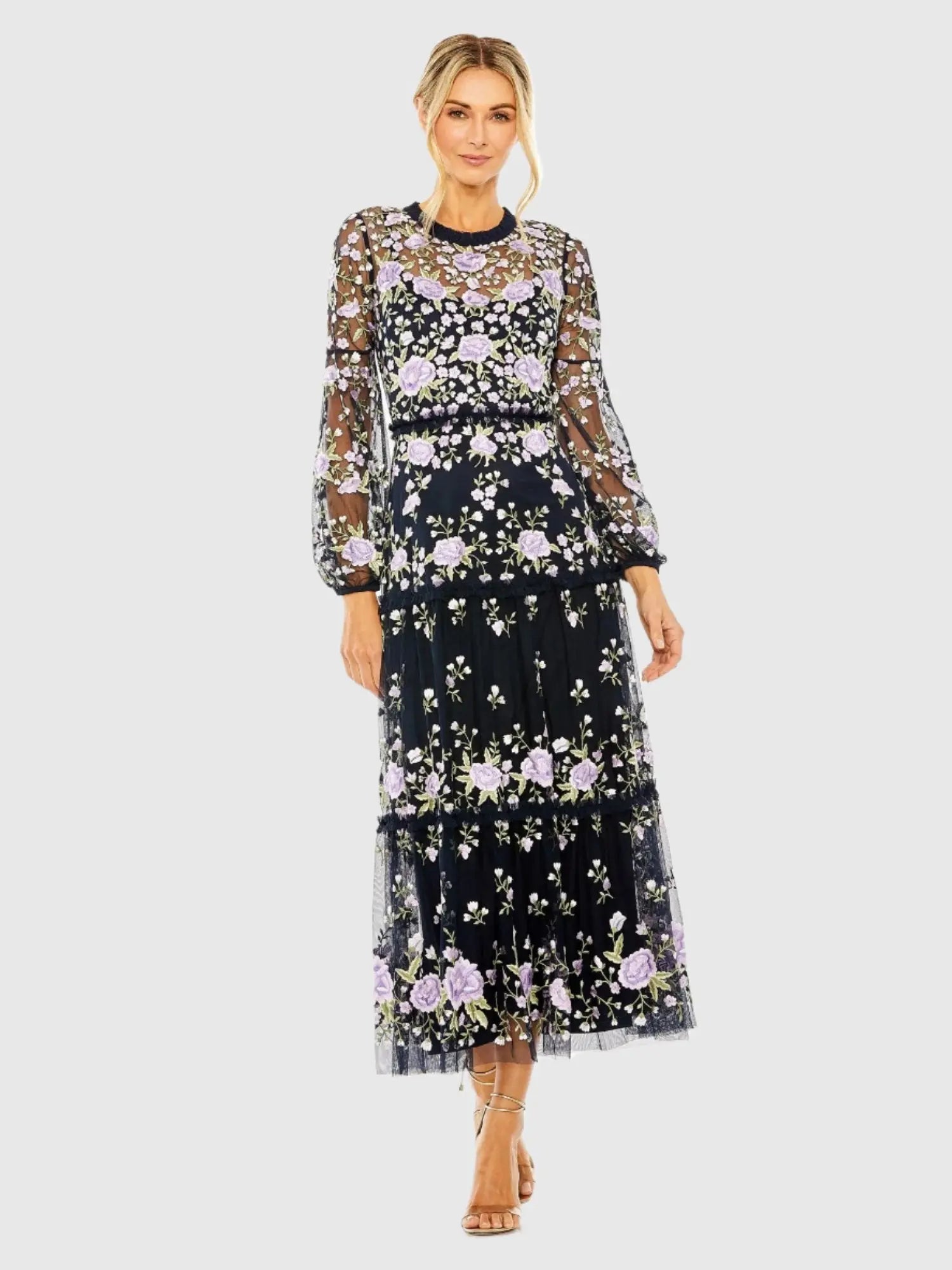 Navy Embroidered Puff Sleeve Tiered Dress-Myartka