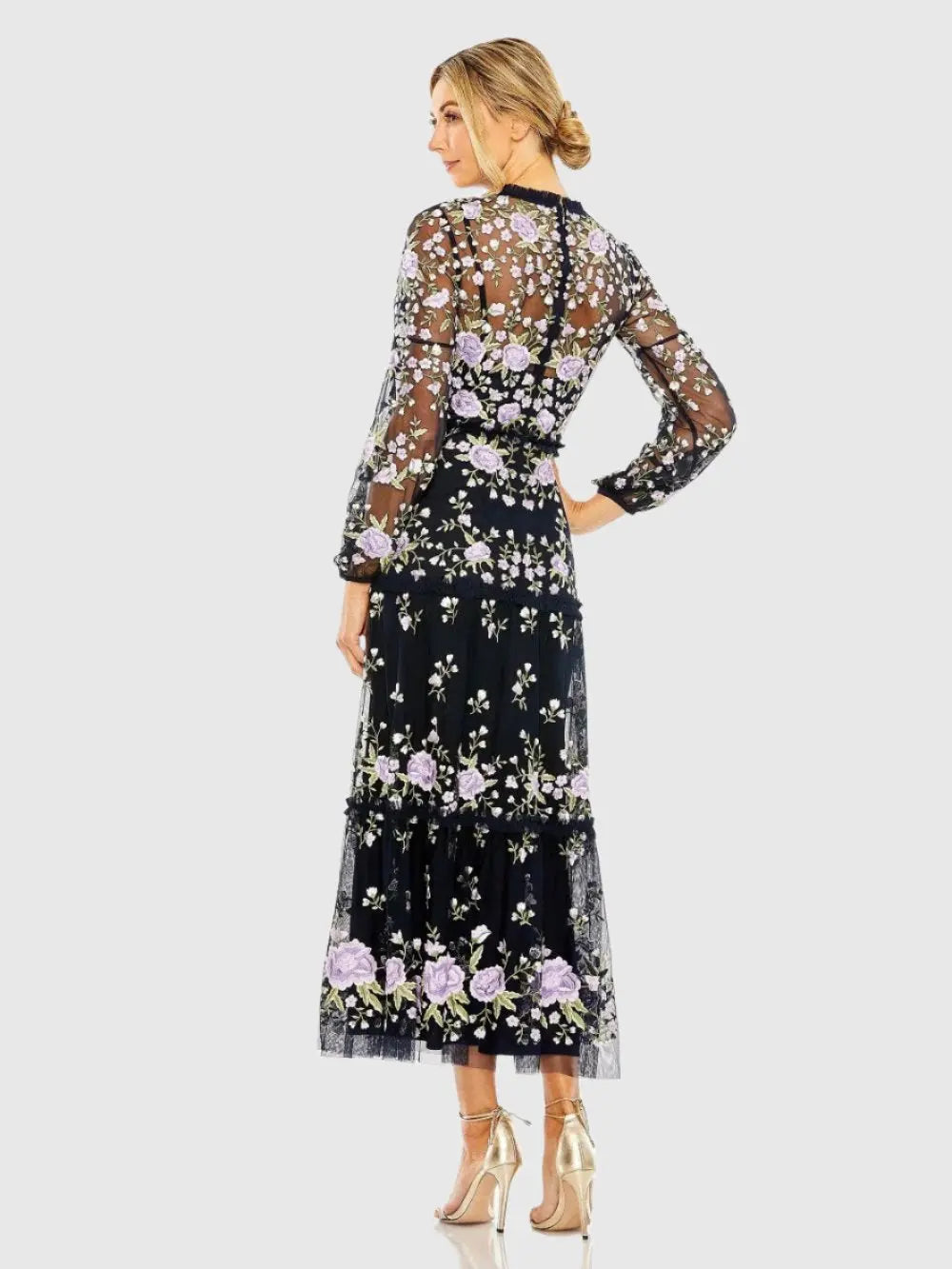 Navy Embroidered Puff Sleeve Tiered Dress-Myartka