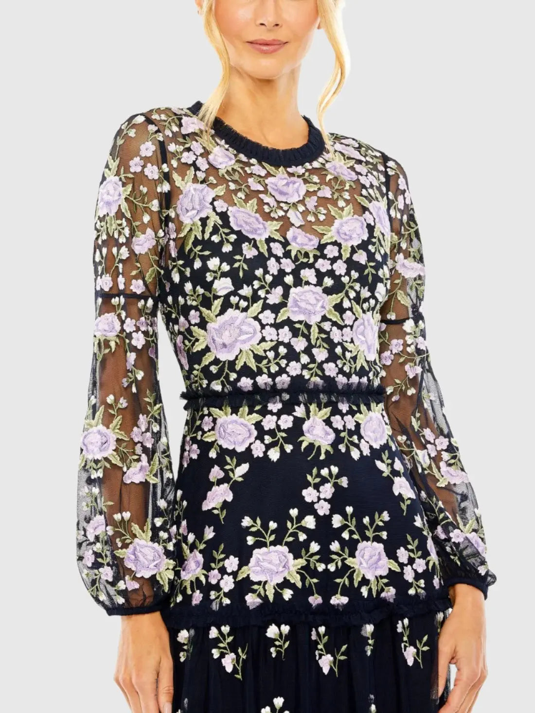 Navy Embroidered Puff Sleeve Tiered Dress-Myartka