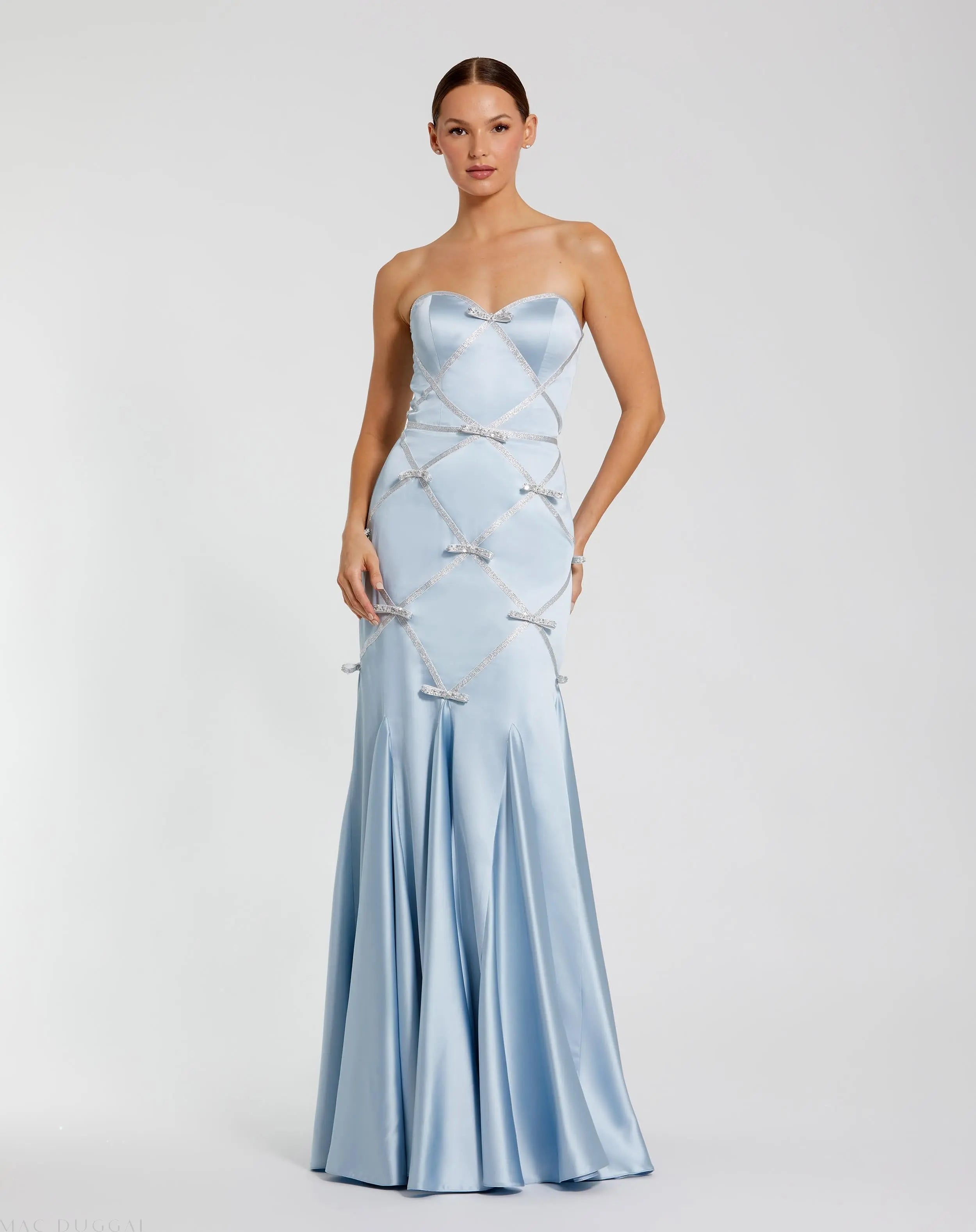 Blue Strapless Satin Trumpet Gown With Bow Details-Myartka