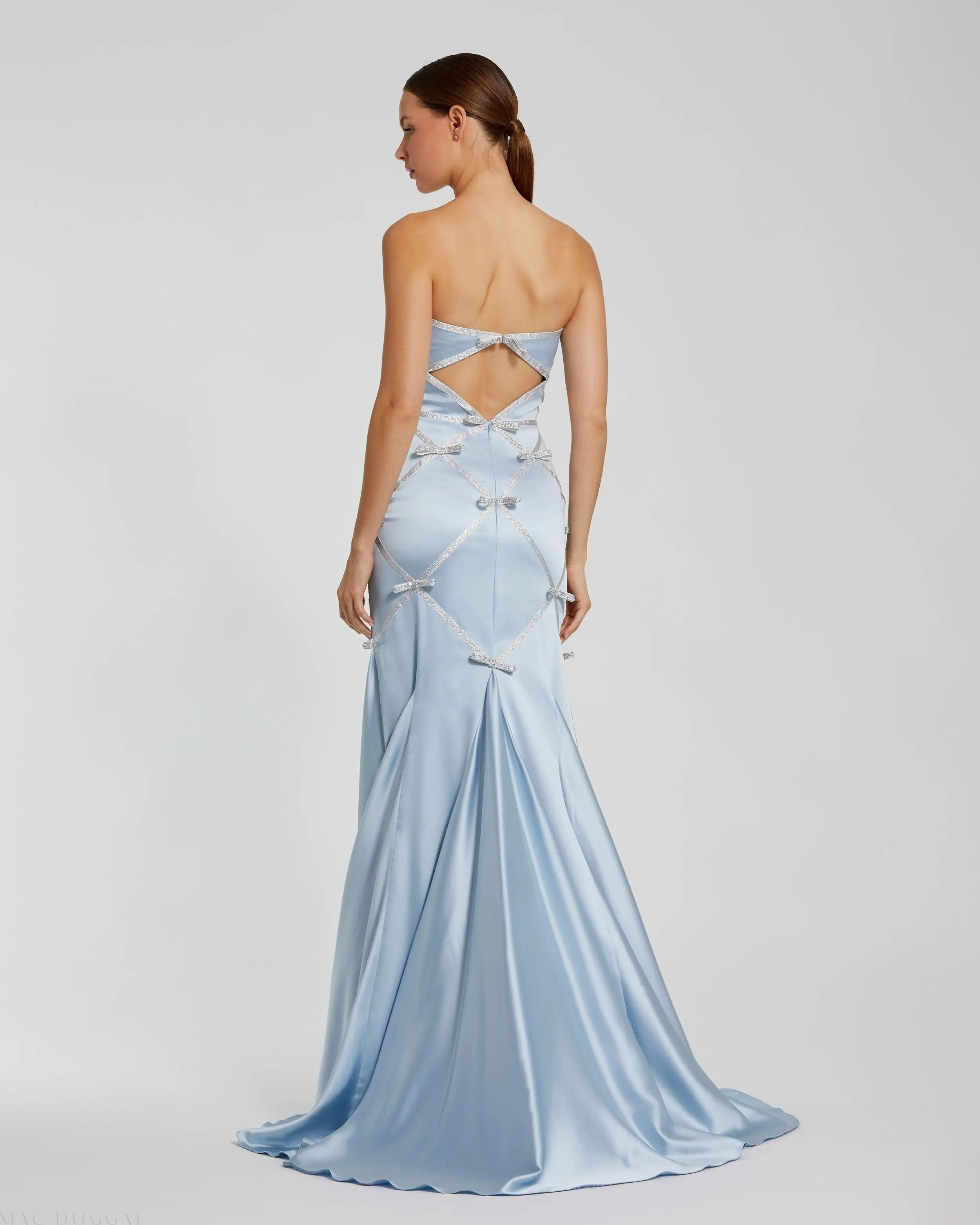 Blue Strapless Satin Trumpet Gown With Bow Details-Myartka