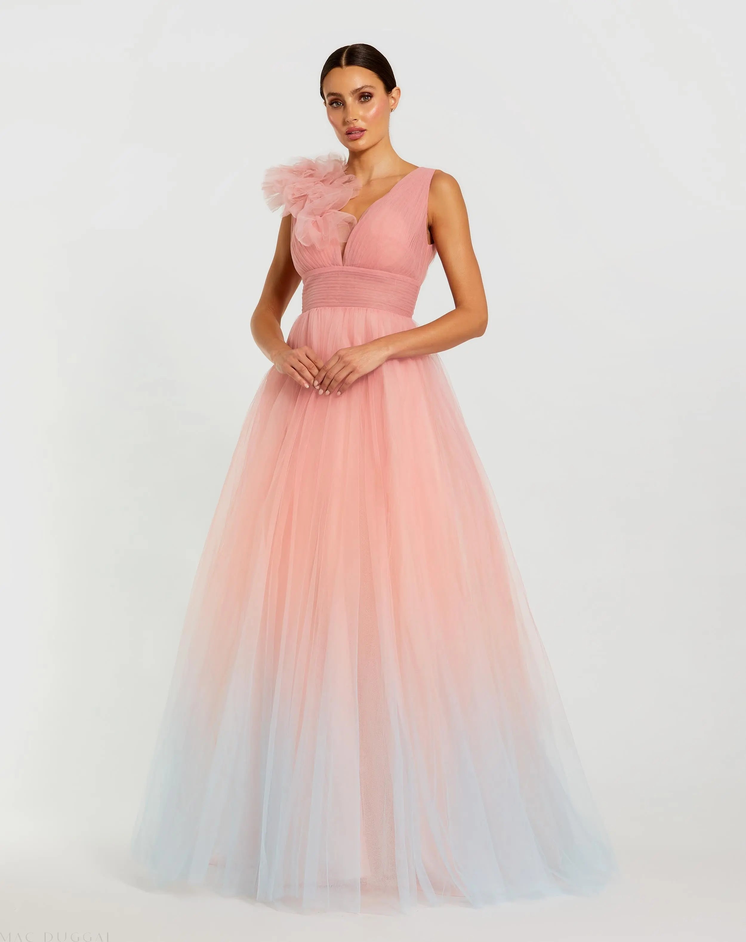 Pink Ruffle Shoulder V Neck Ombre Tulle Ball Gown-Myartka