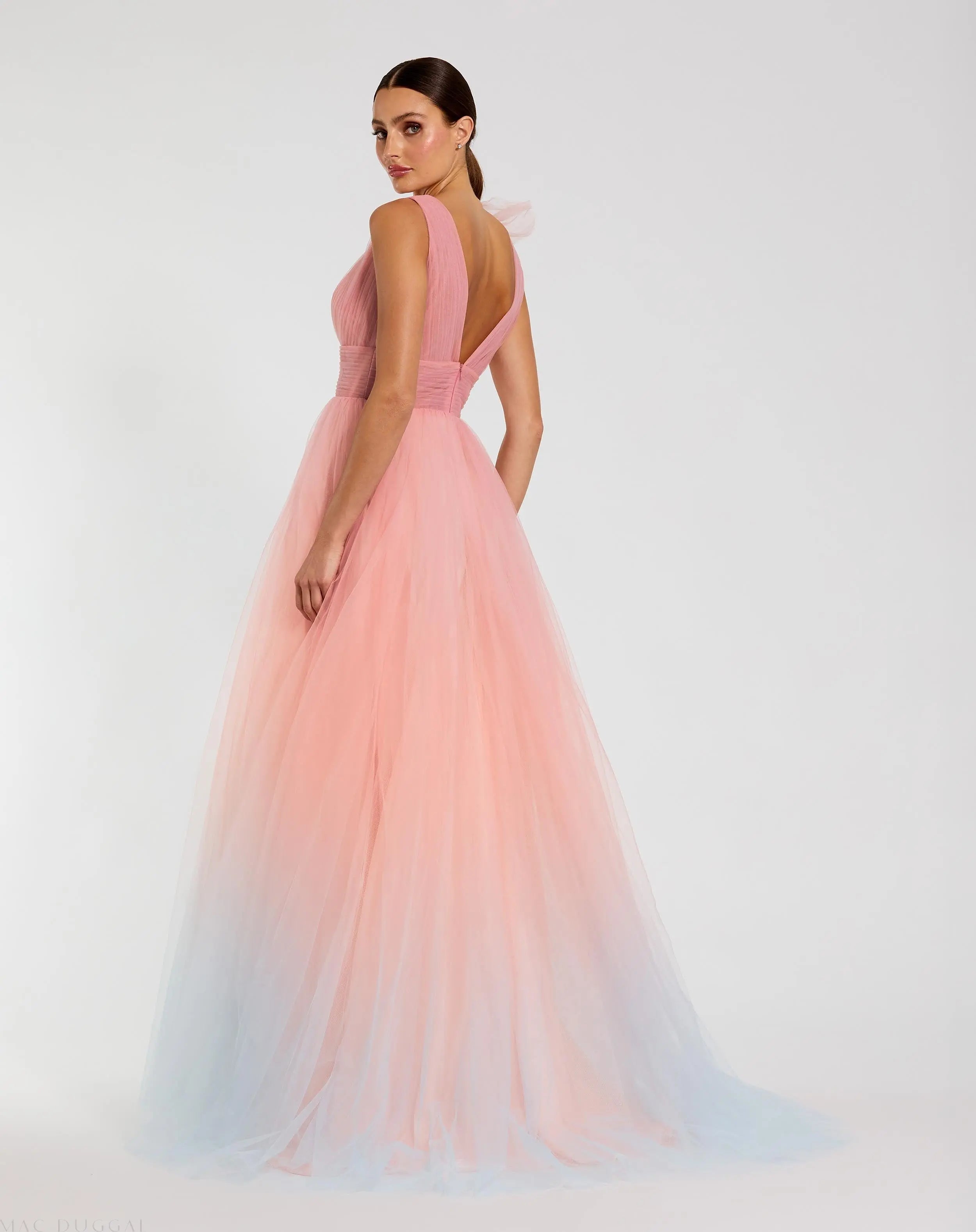 Pink Ruffle Shoulder V Neck Ombre Tulle Ball Gown-Myartka
