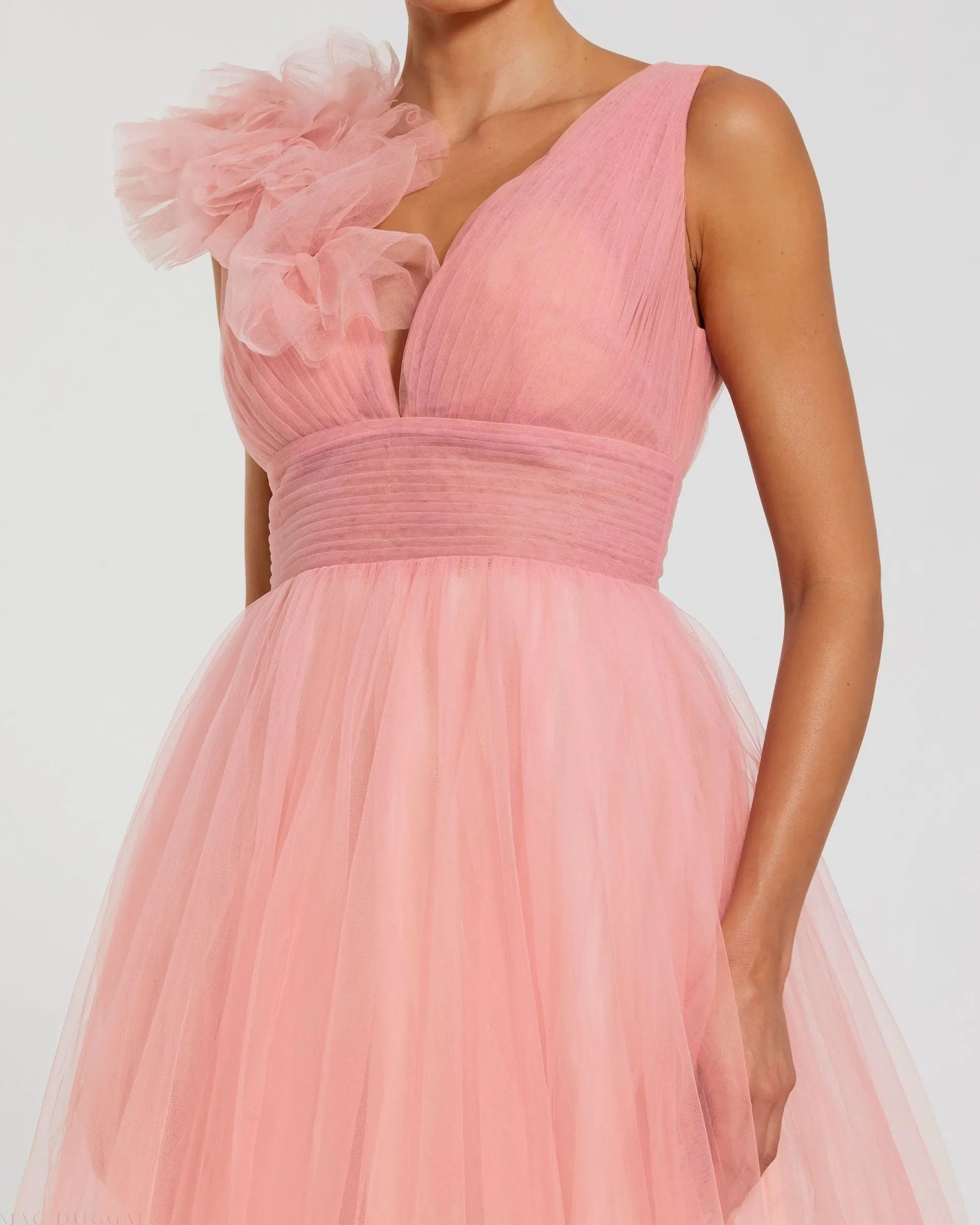 Pink Ruffle Shoulder V Neck Ombre Tulle Ball Gown-Myartka