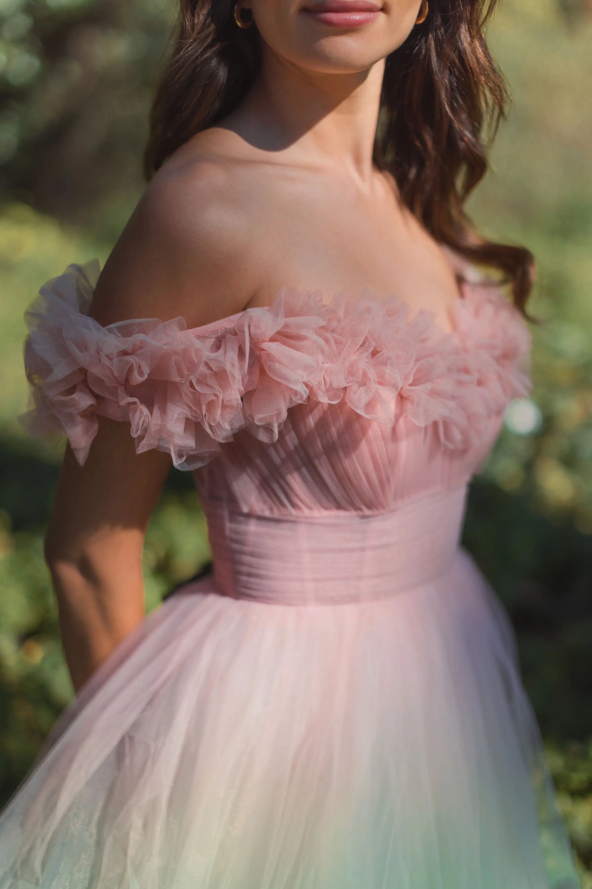 Multicolor Off The Shoulder Ombre Tulle Ballgown-Myartka