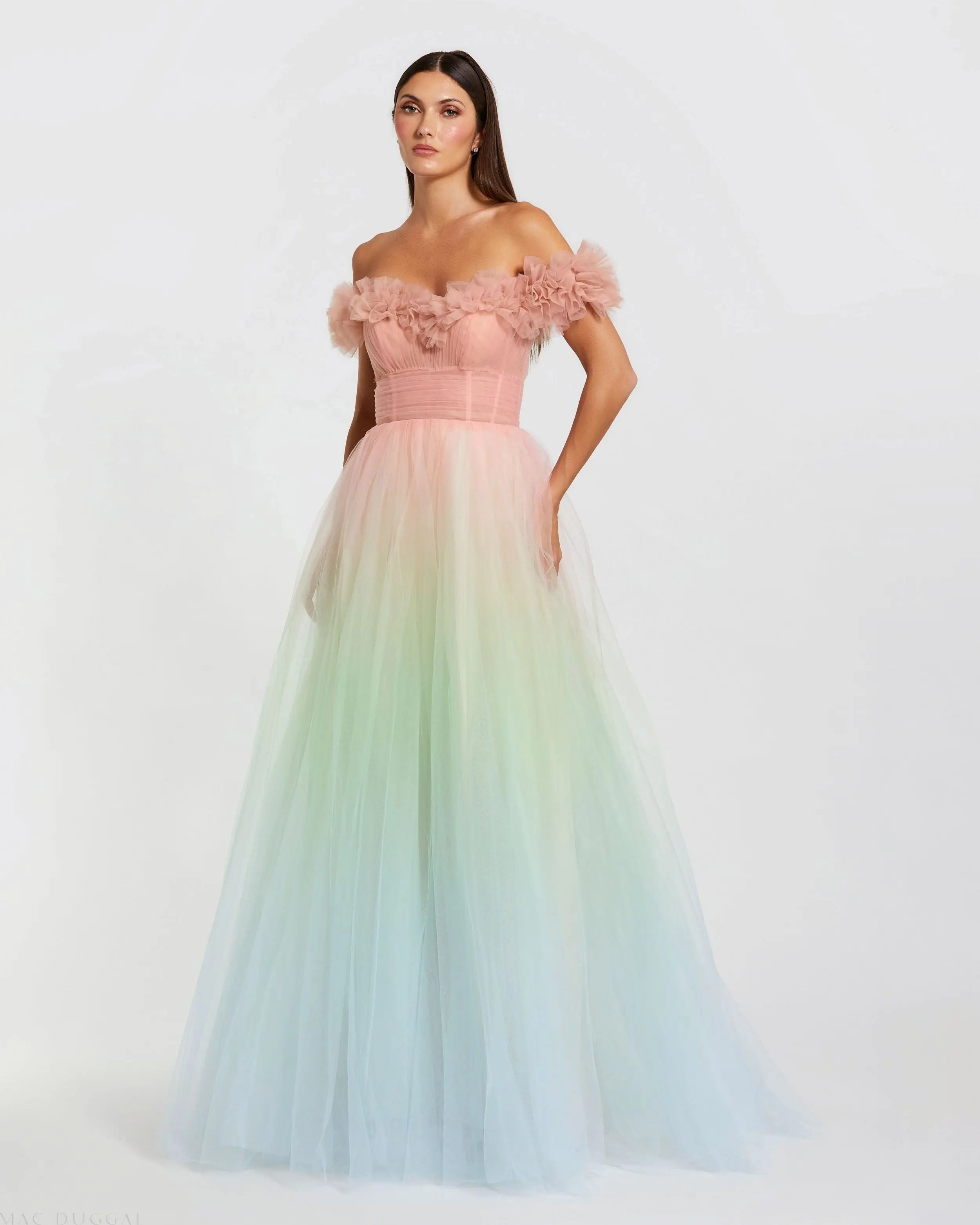 Multicolor Off The Shoulder Ombre Tulle Ballgown-Myartka