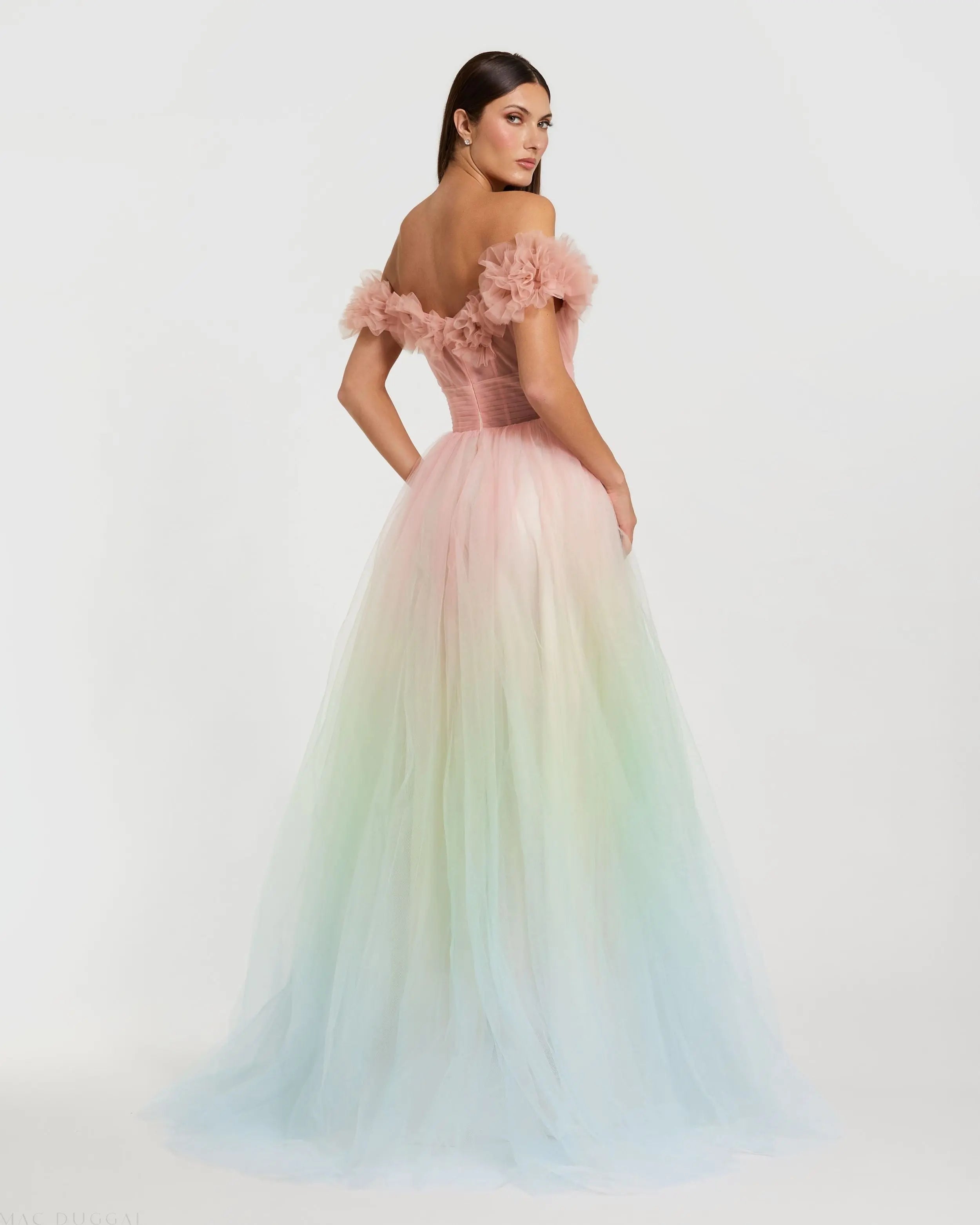 Multicolor Off The Shoulder Ombre Tulle Ballgown-Myartka
