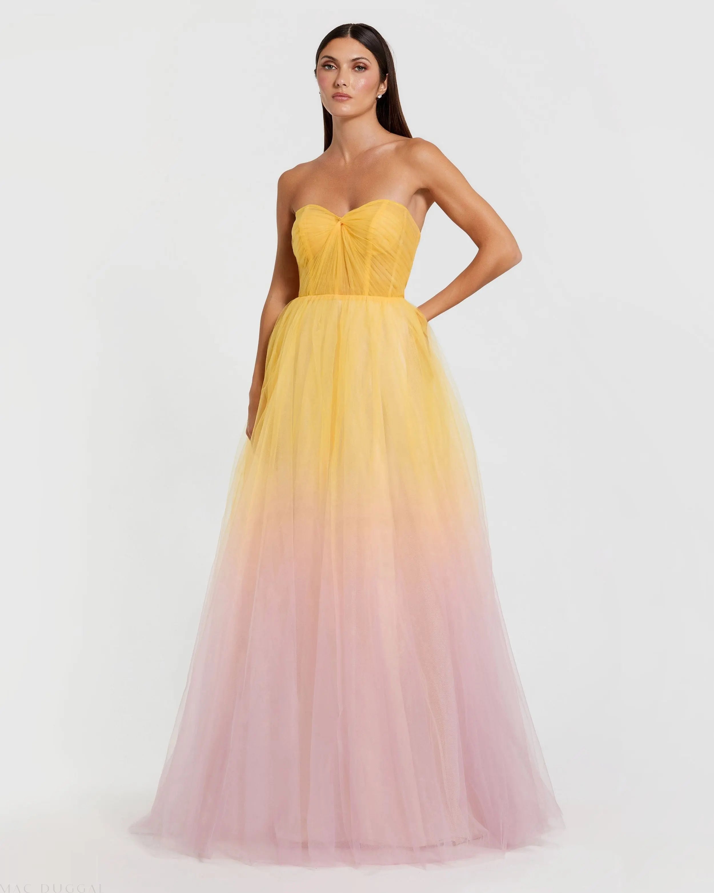 Yellow and Pink Strapless Corset Ombre Tulle Ballgown-Myartka