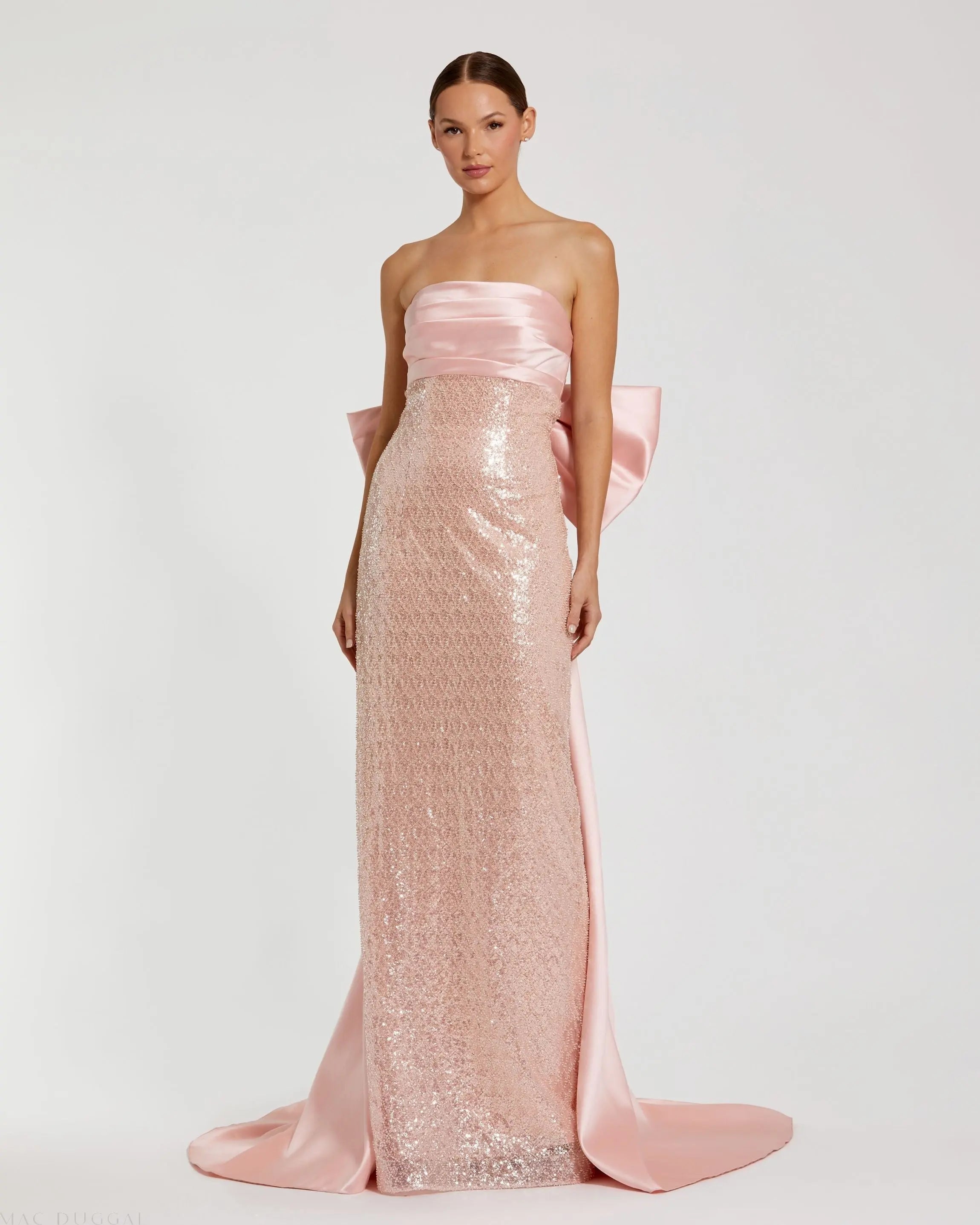 Pink Strapless Embellished Gown With Back Bow Detail-Myartka