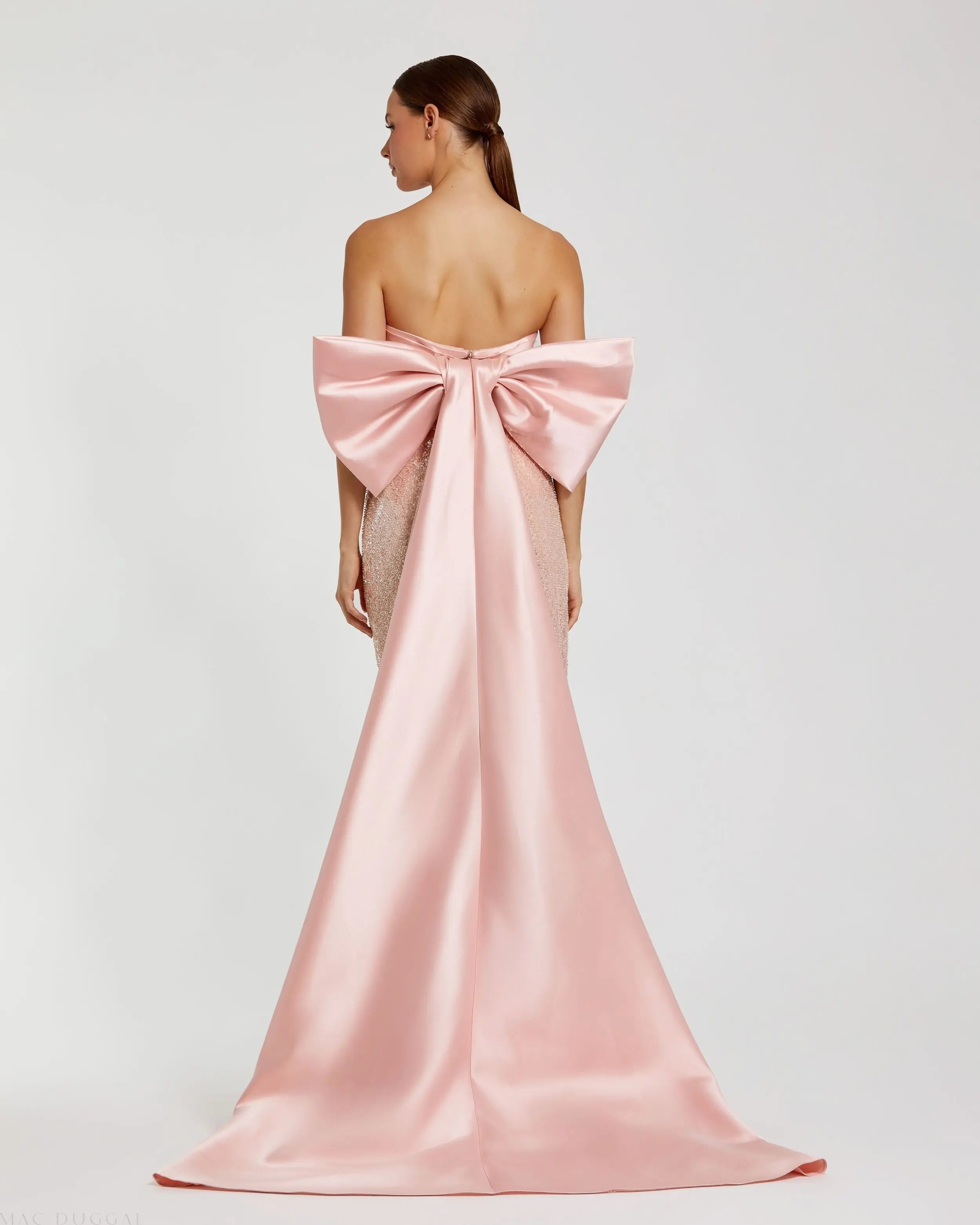 Pink Strapless Embellished Gown With Back Bow Detail-Myartka