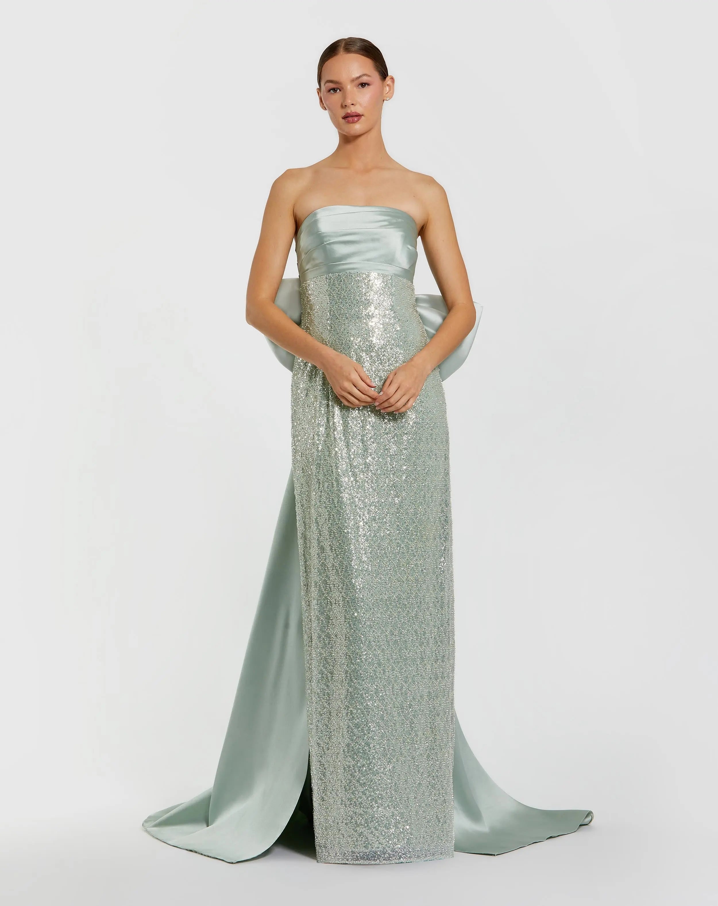 Green Strapless Embellished Gown With Back Bow Detail-Myartka