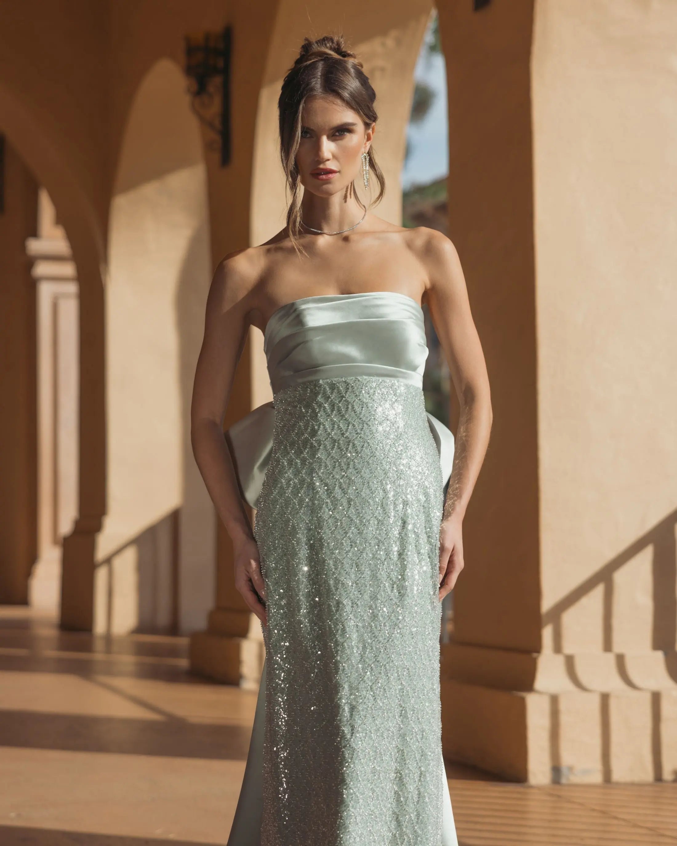 Green Strapless Embellished Gown With Back Bow Detail-Myartka