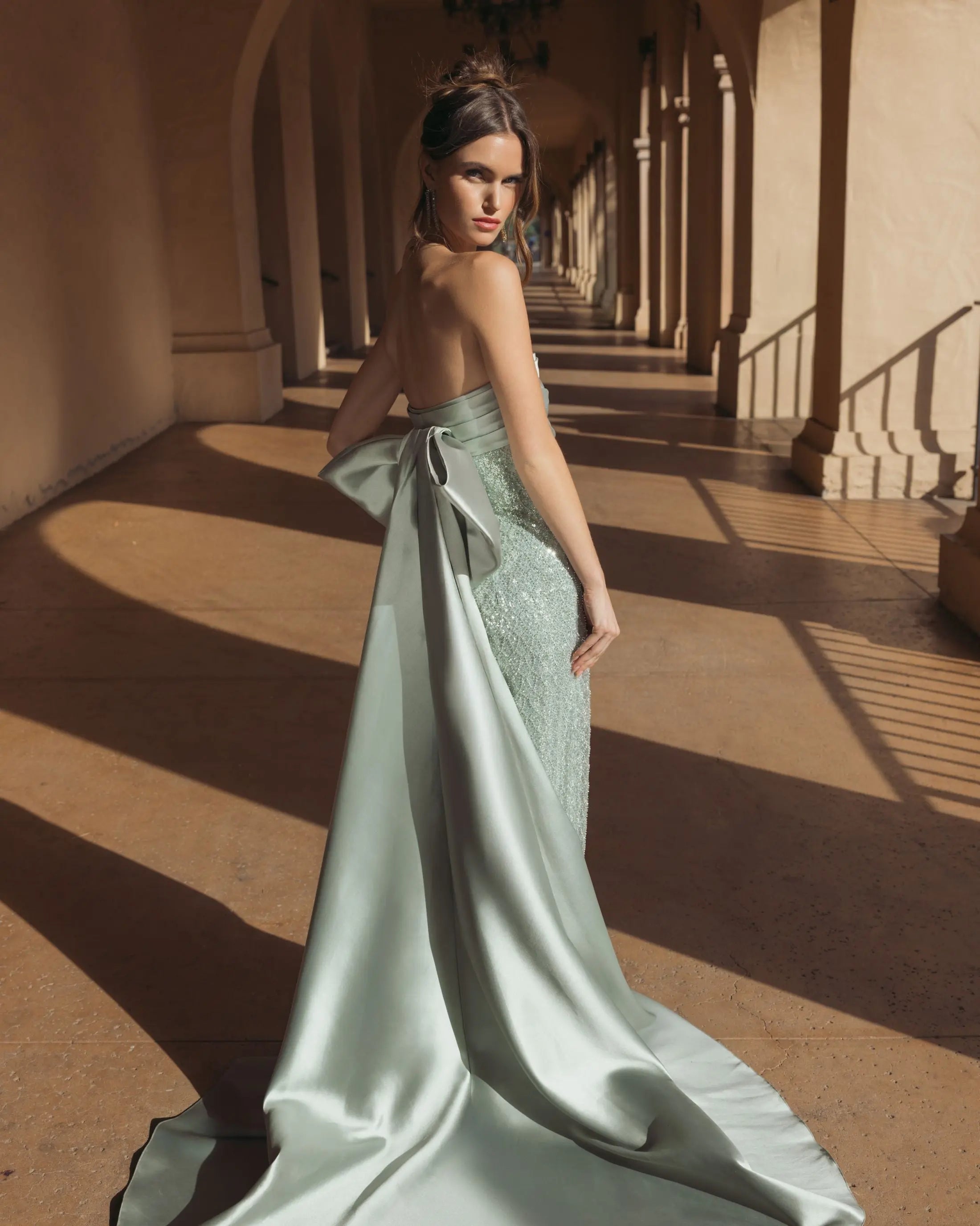 Green Strapless Embellished Gown With Back Bow Detail-Myartka