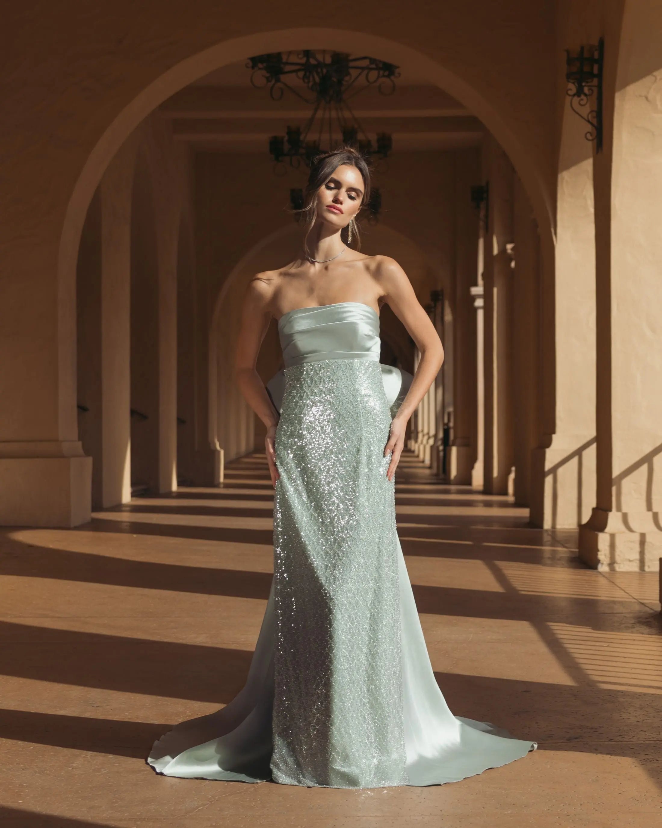 Green Strapless Embellished Gown With Back Bow Detail-Myartka