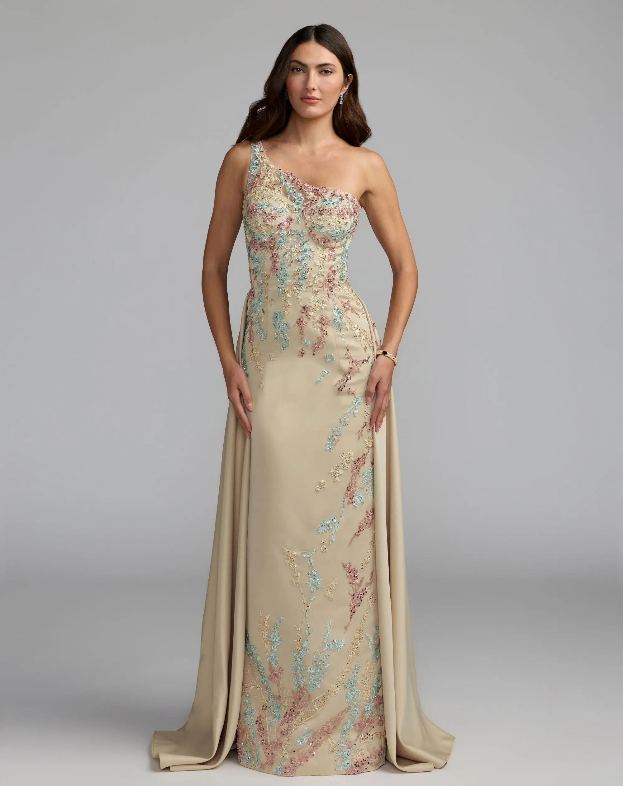 Beige One Shoulder Embellished Gown With Train-Myartka