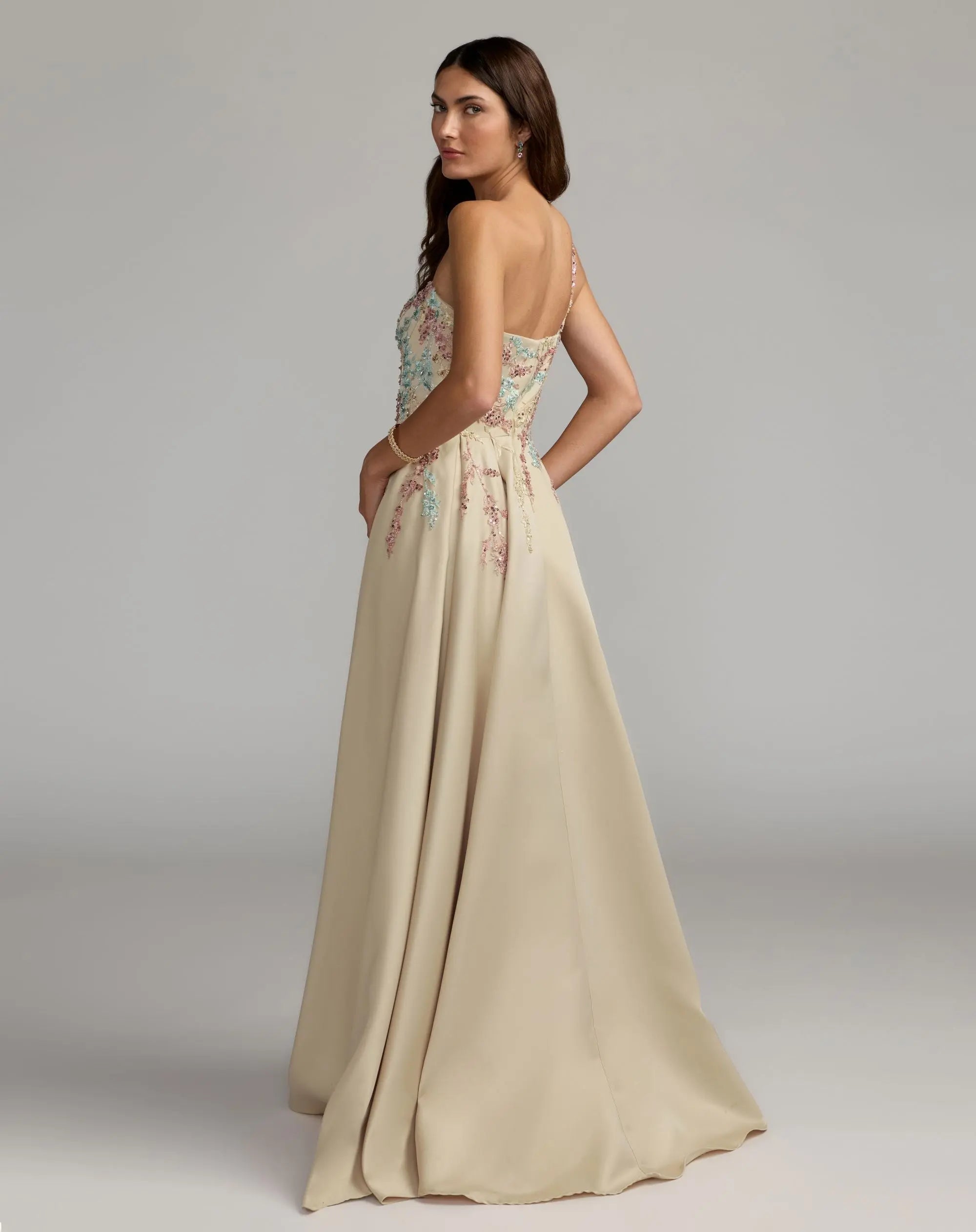 Beige One Shoulder Embellished Gown With Train-Myartka