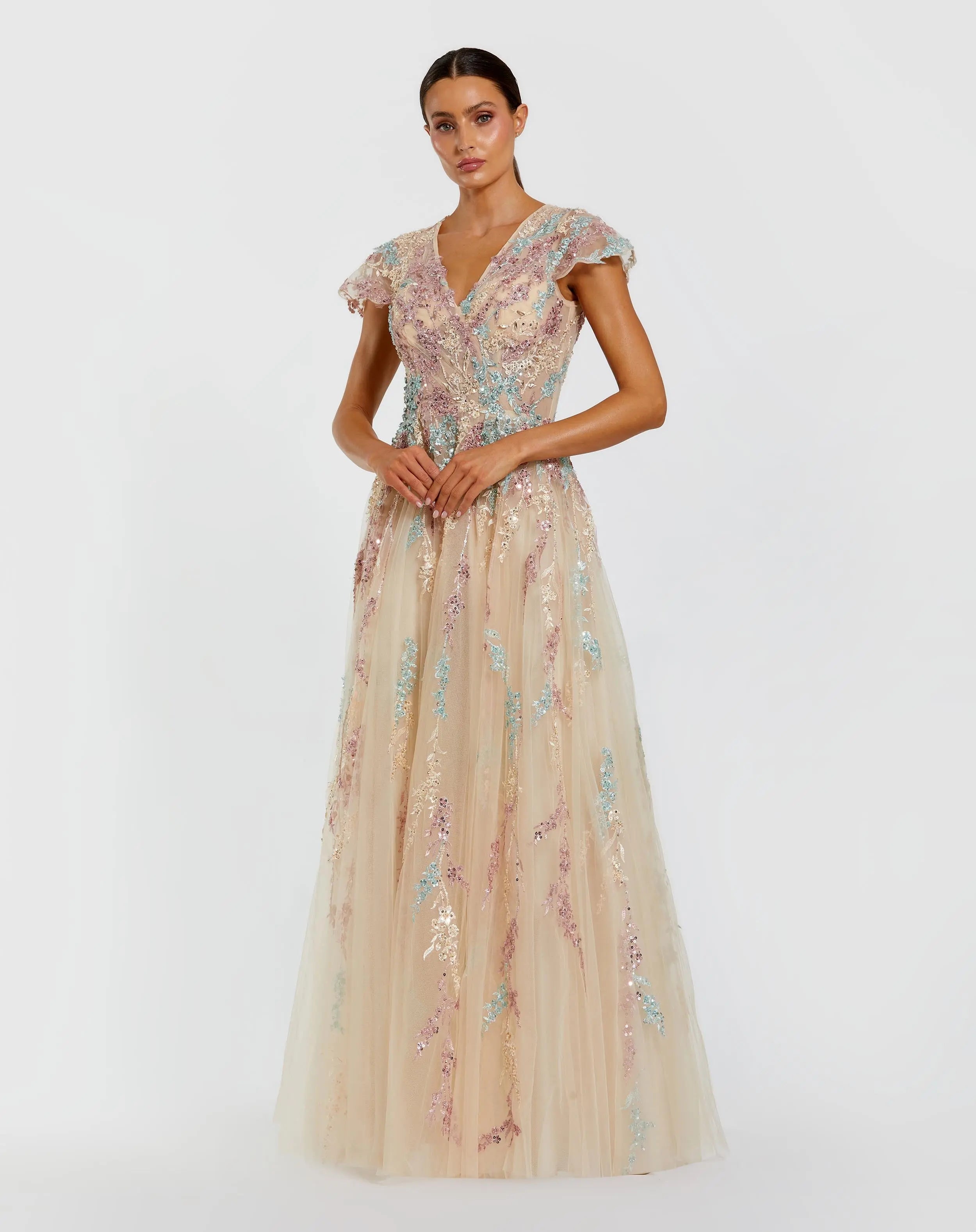 Beige Embroidered Tulle V-Neck Gown-Myartka