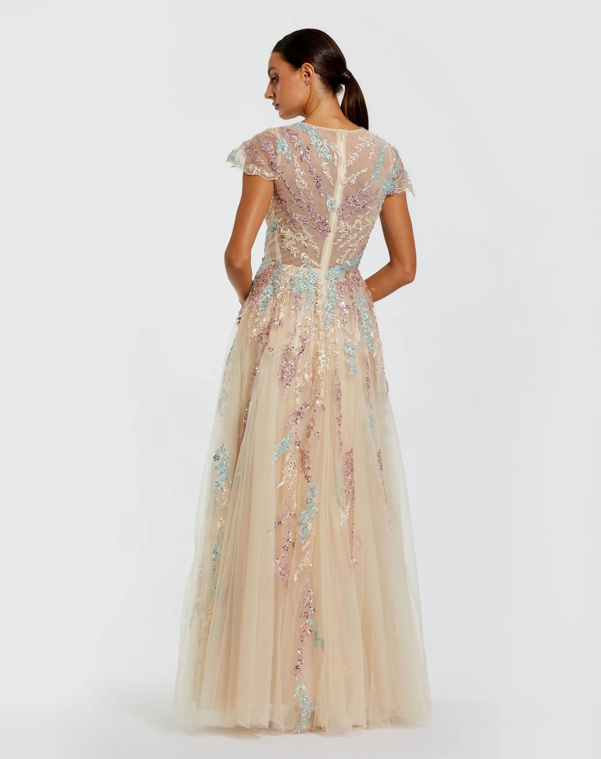 Beige Embroidered Tulle V-Neck Gown-Myartka