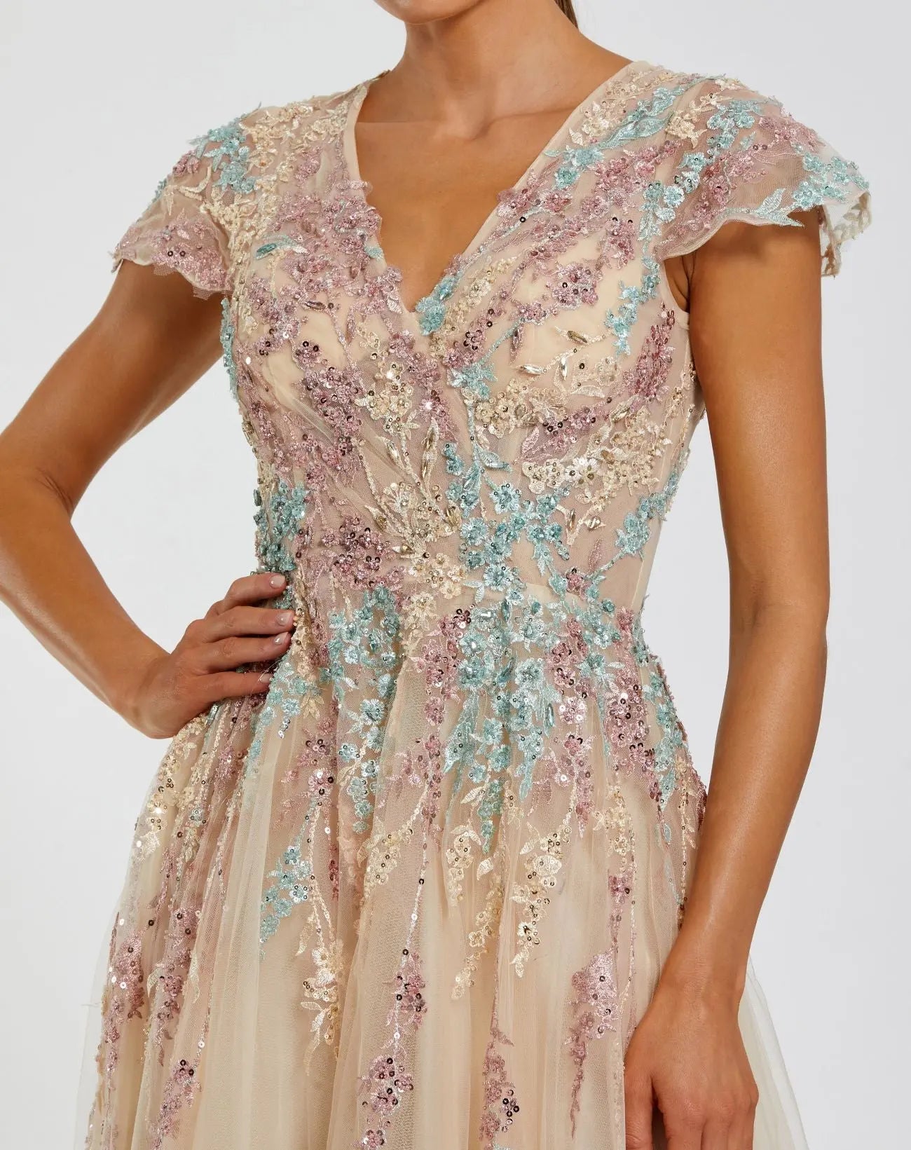 Beige Embroidered Tulle V-Neck Gown-Myartka