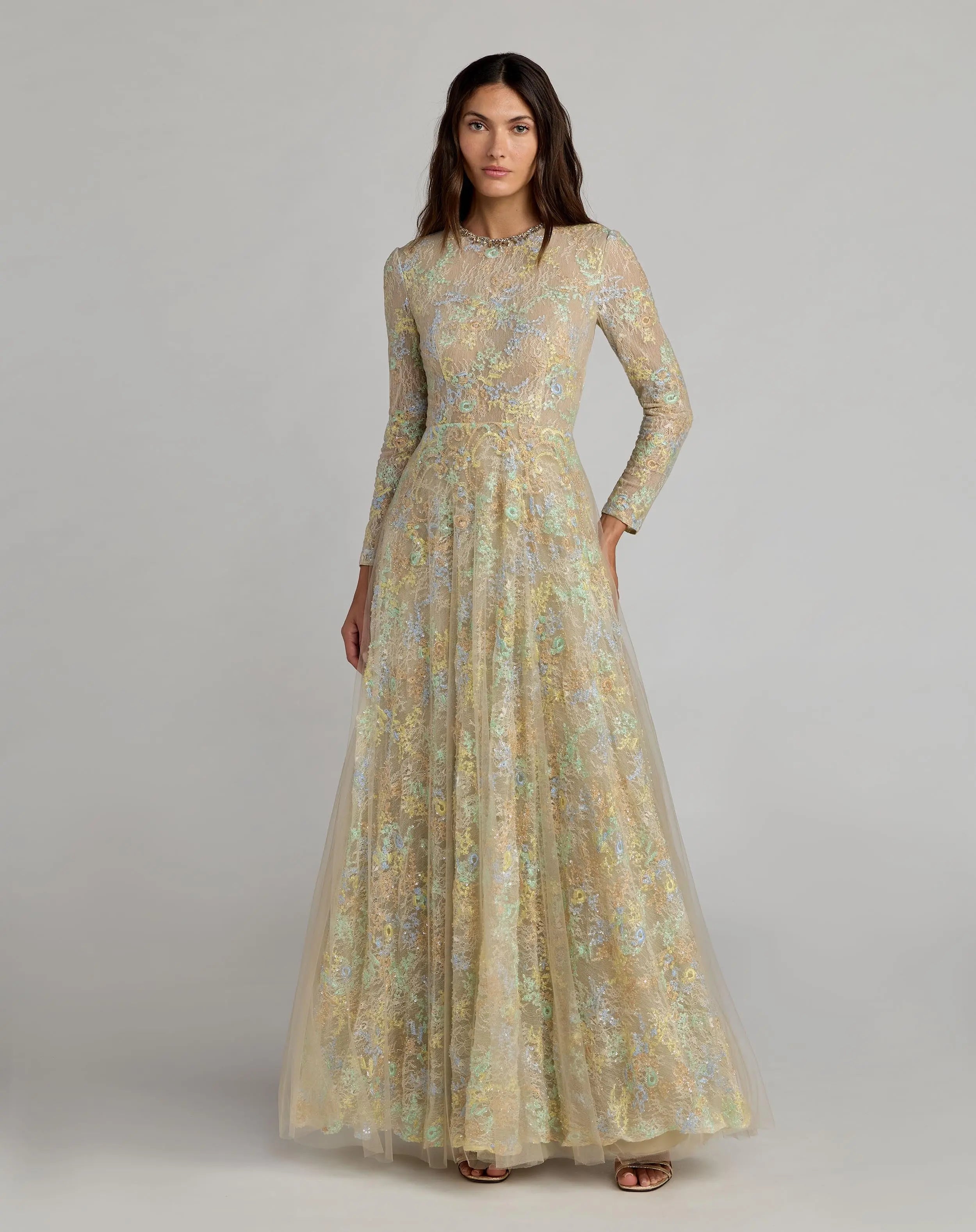 Beige Long Sleeve Embellished Lace A-Line Gown-Myartka