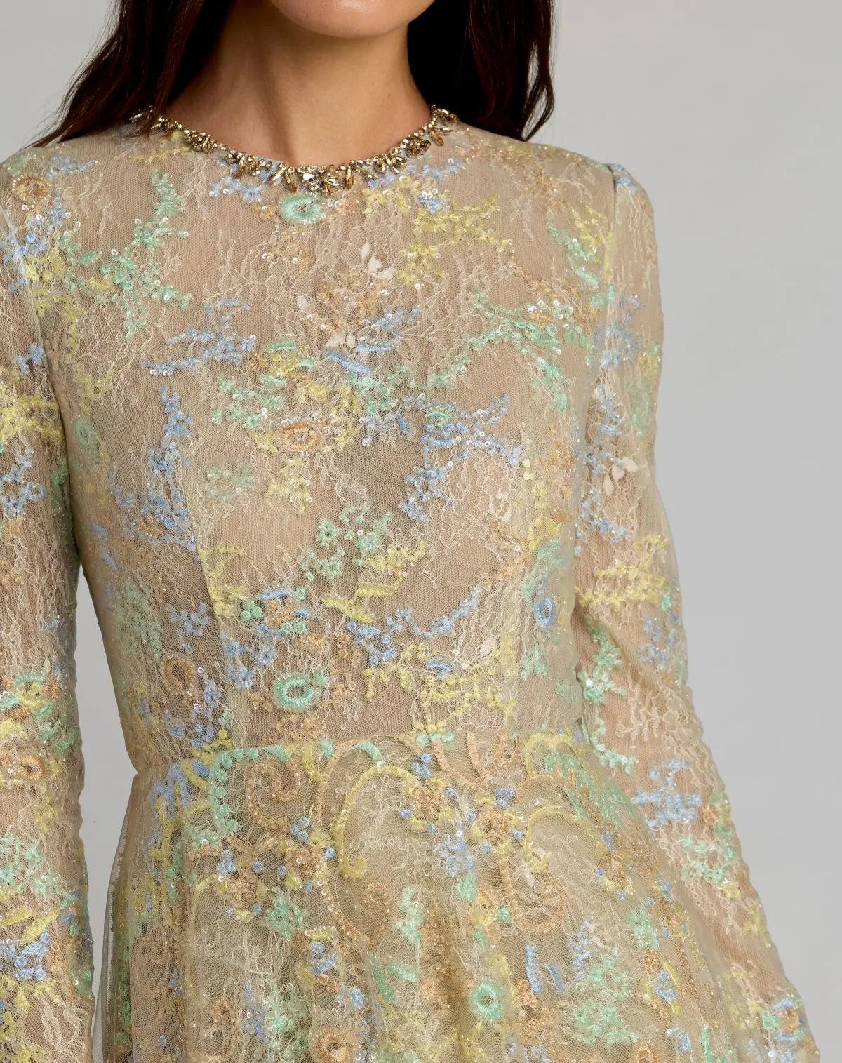 Beige Long Sleeve Embellished Lace A-Line Gown-Myartka