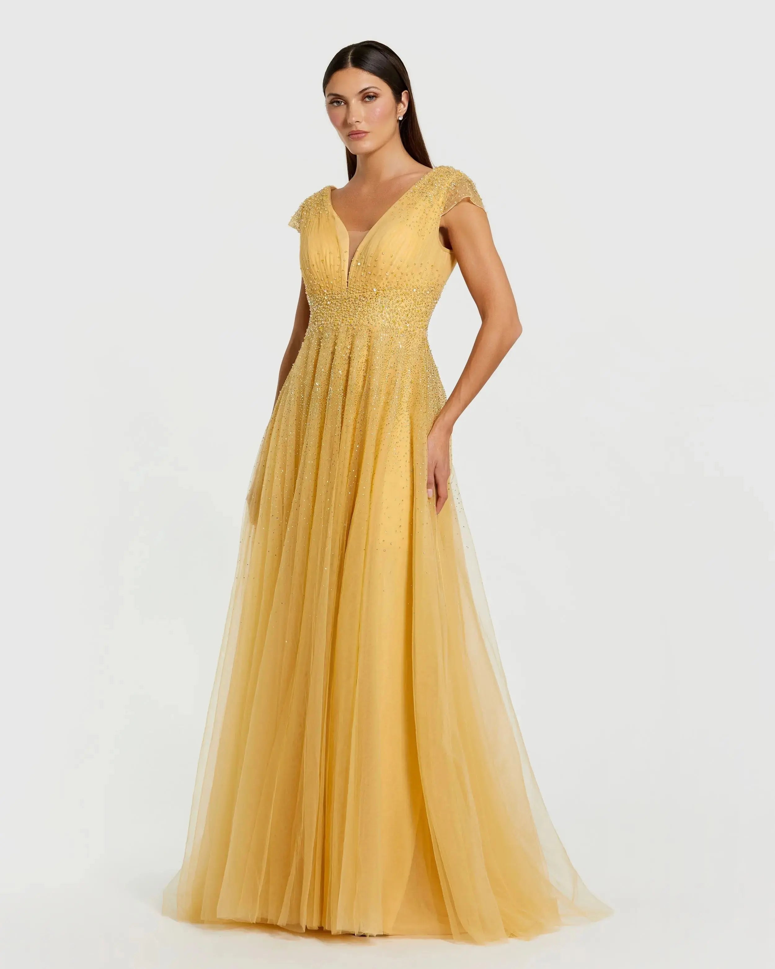 Yellow Embellished Cap Sleeve V Neck Tulle Gown-Myartka