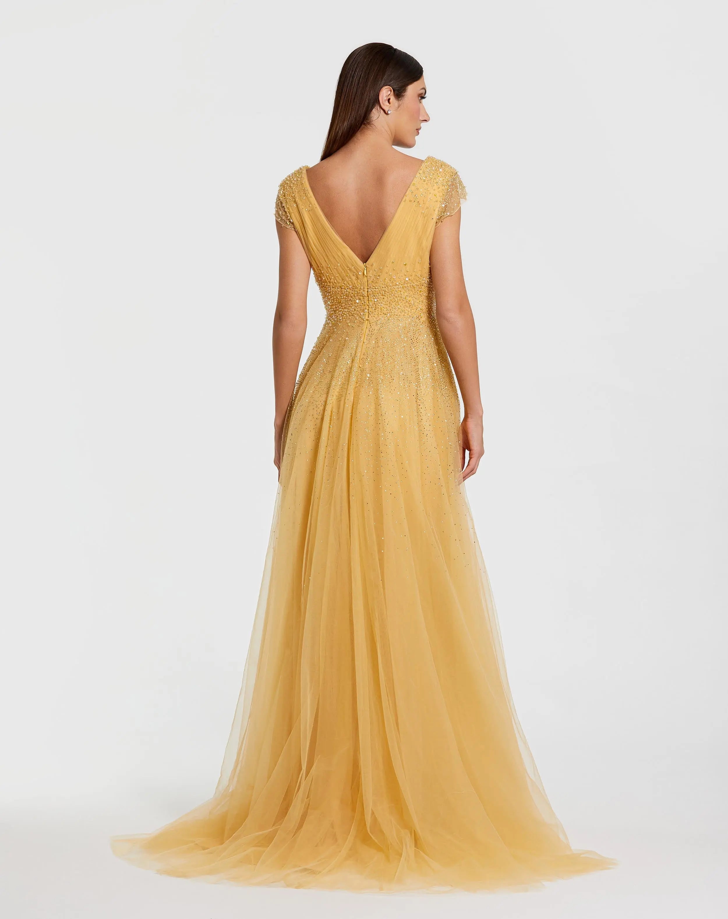 Yellow Embellished Cap Sleeve V Neck Tulle Gown-Myartka