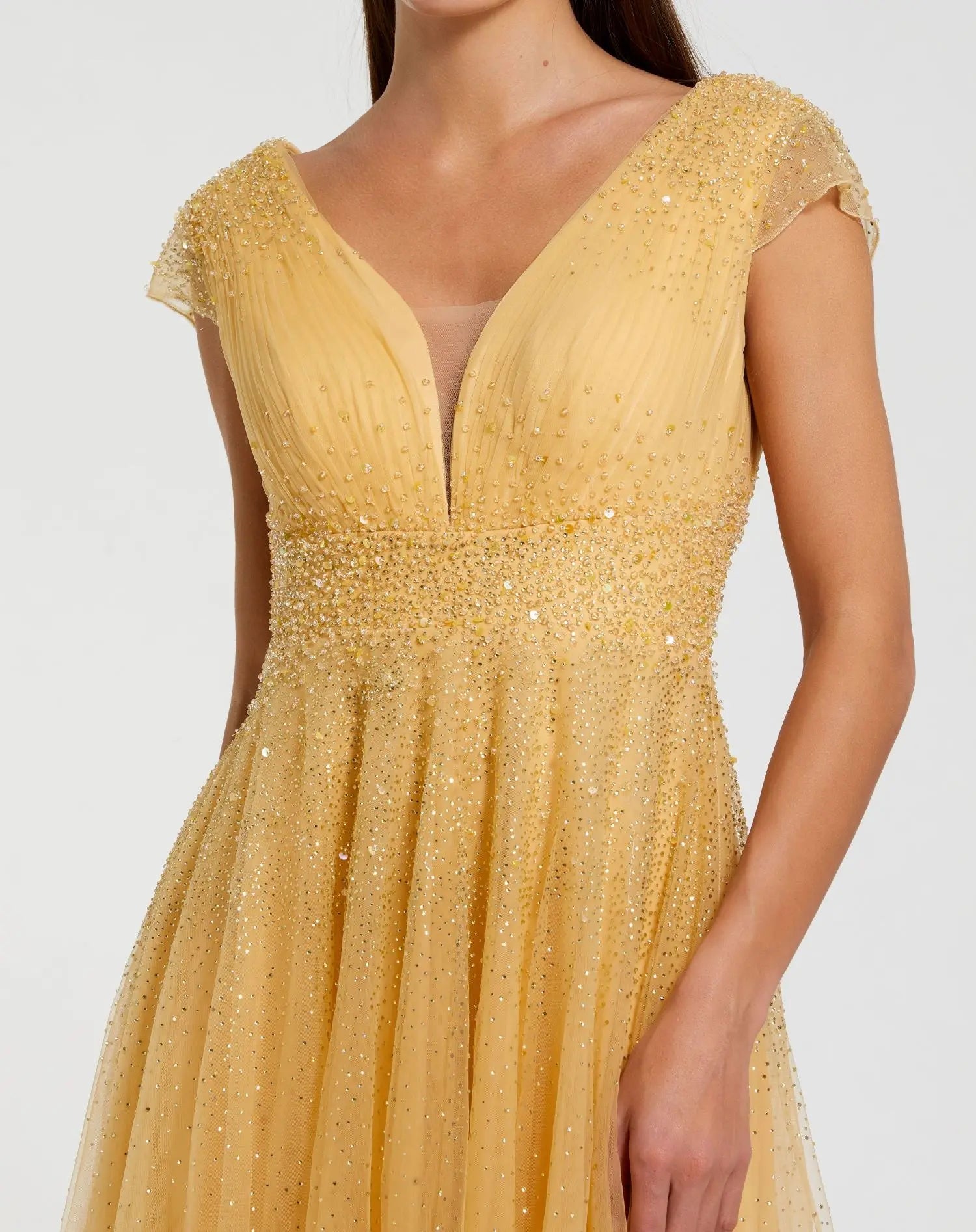Yellow Embellished Cap Sleeve V Neck Tulle Gown-Myartka