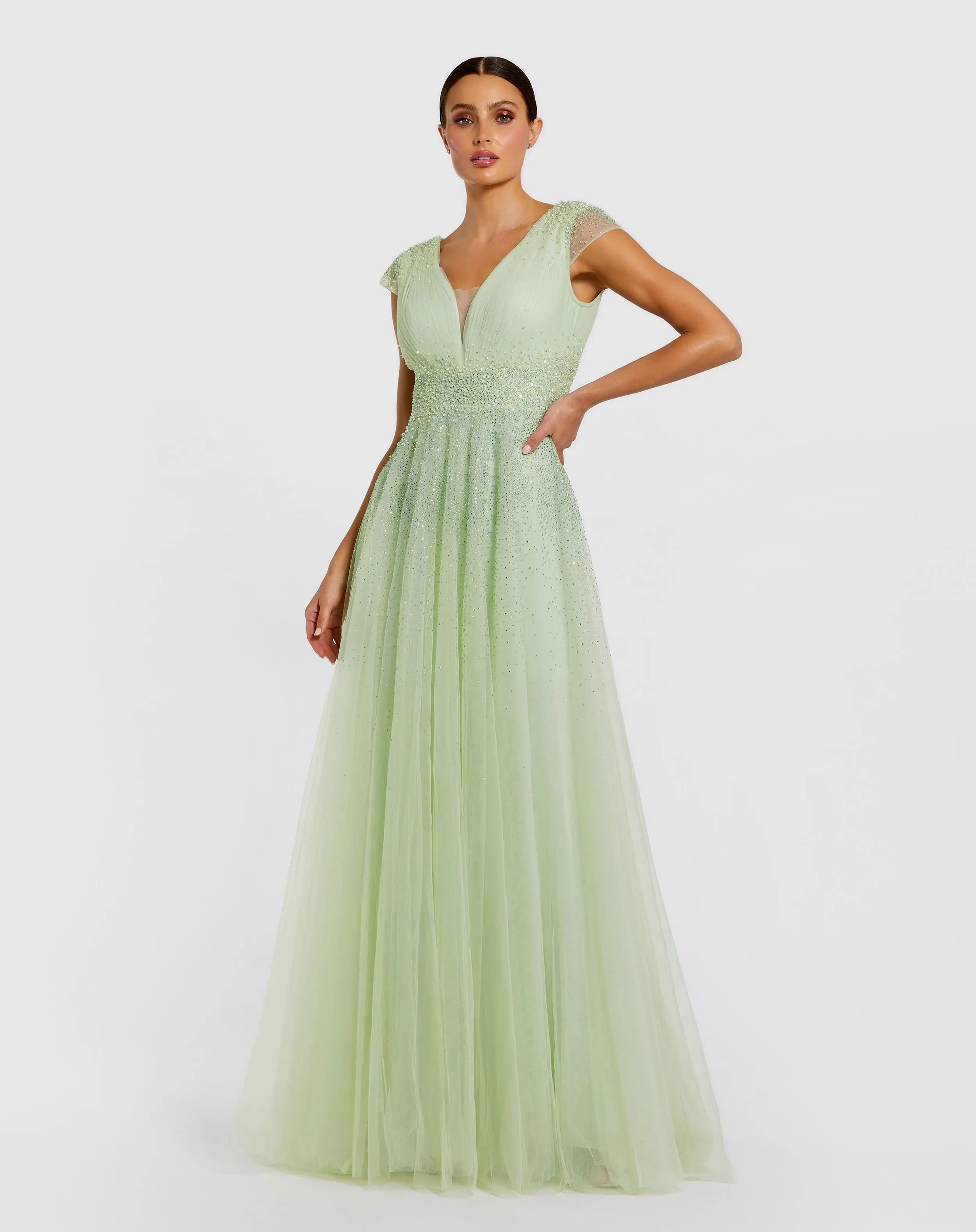 Embellished Cap Sleeve V Neck Tulle Gown-Myartka