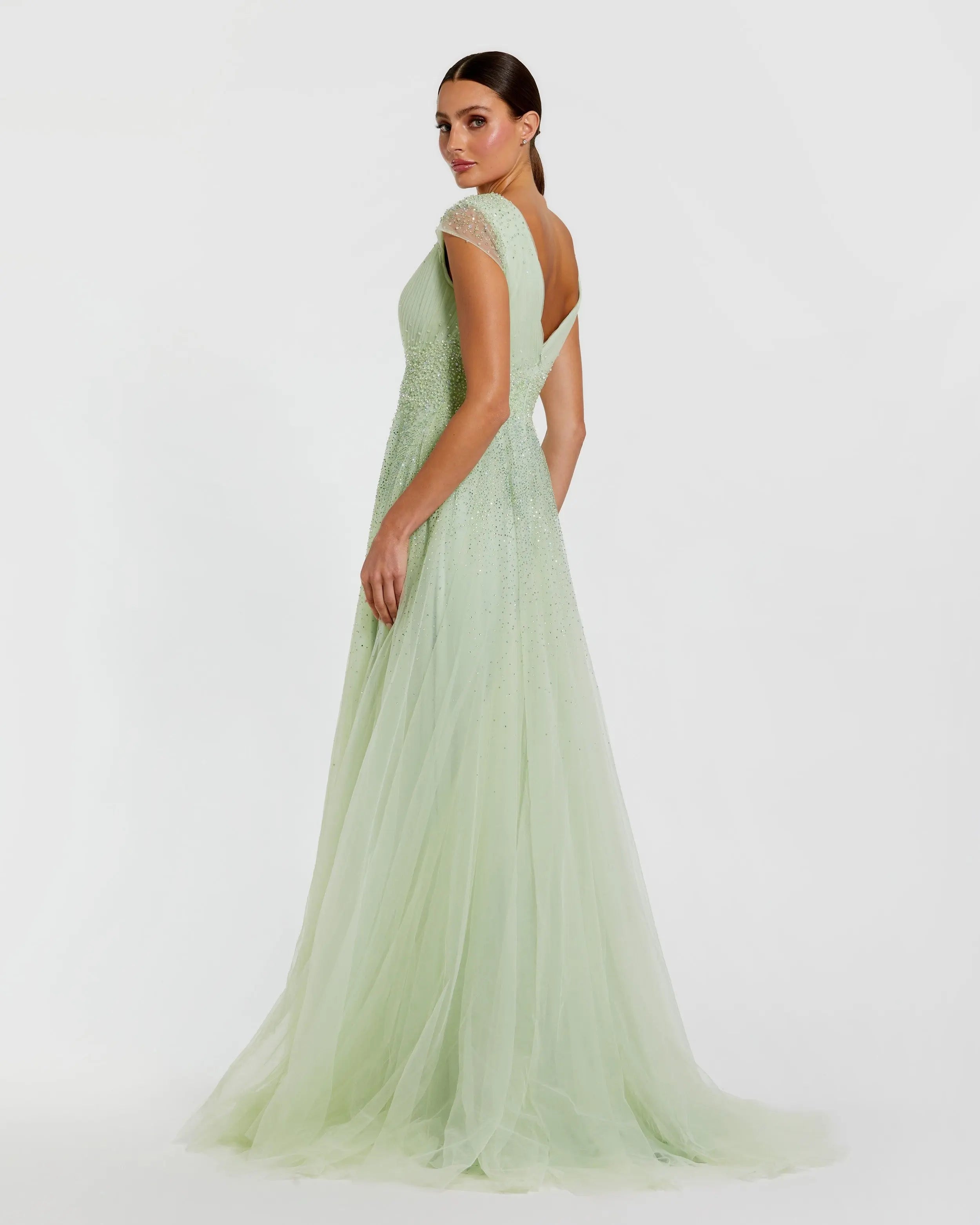 Green Embellished Cap Sleeve V Neck Tulle Gown-Myartka
