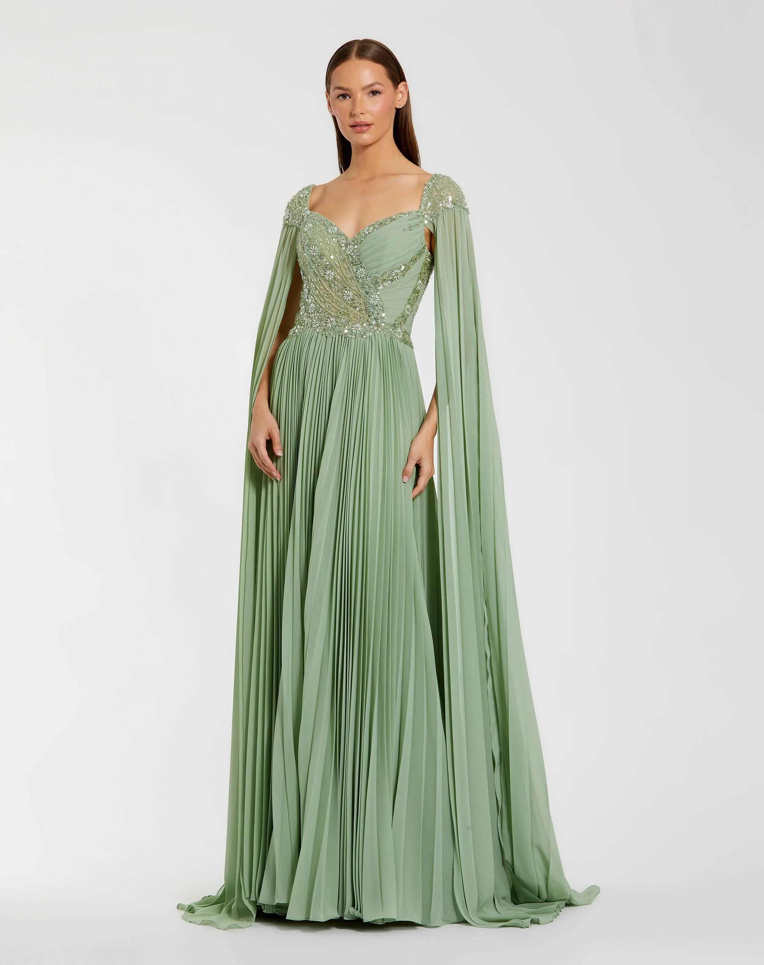 Green Embellished Chiffon Cape Sleeve A Line Gown-Myartka