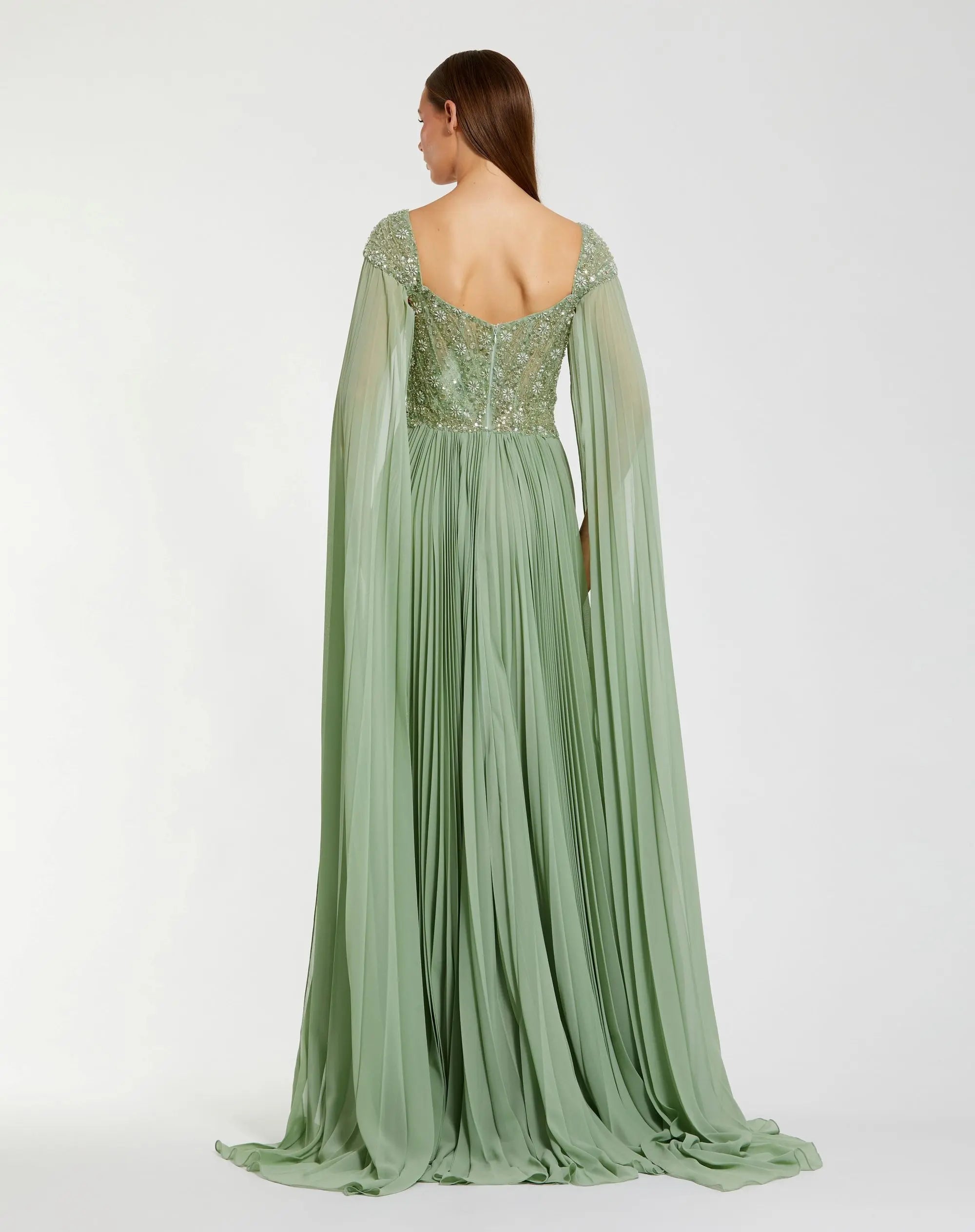 Green Embellished Chiffon Cape Sleeve A Line Gown-Myartka