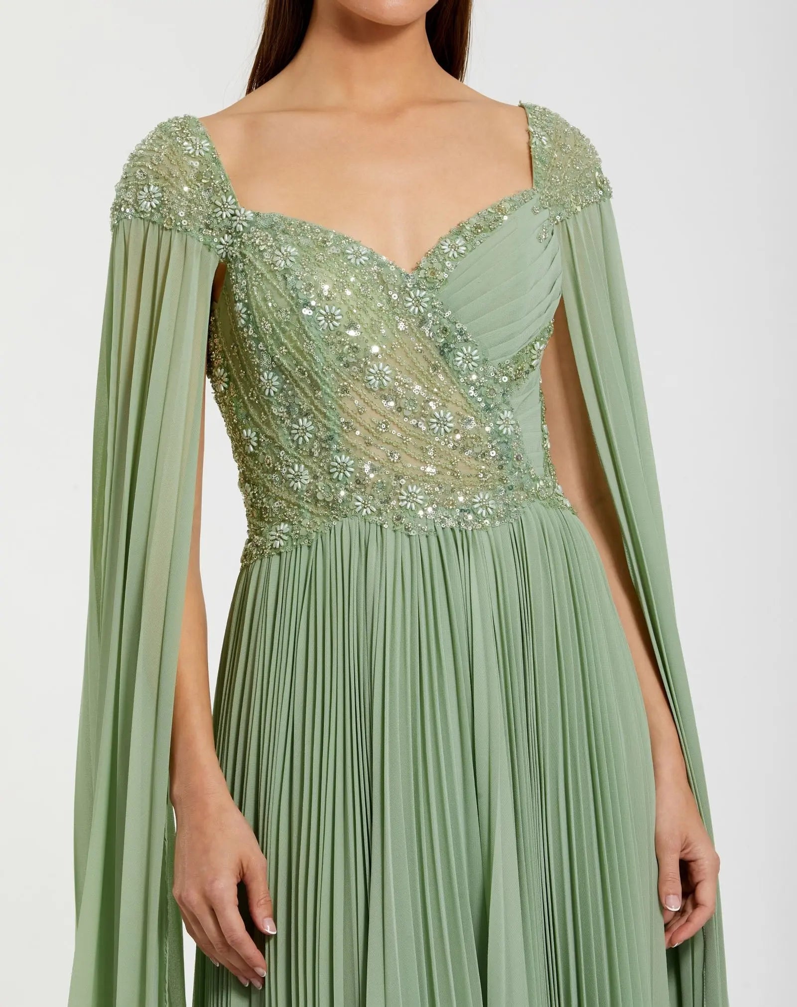 Green Embellished Chiffon Cape Sleeve A Line Gown-Myartka