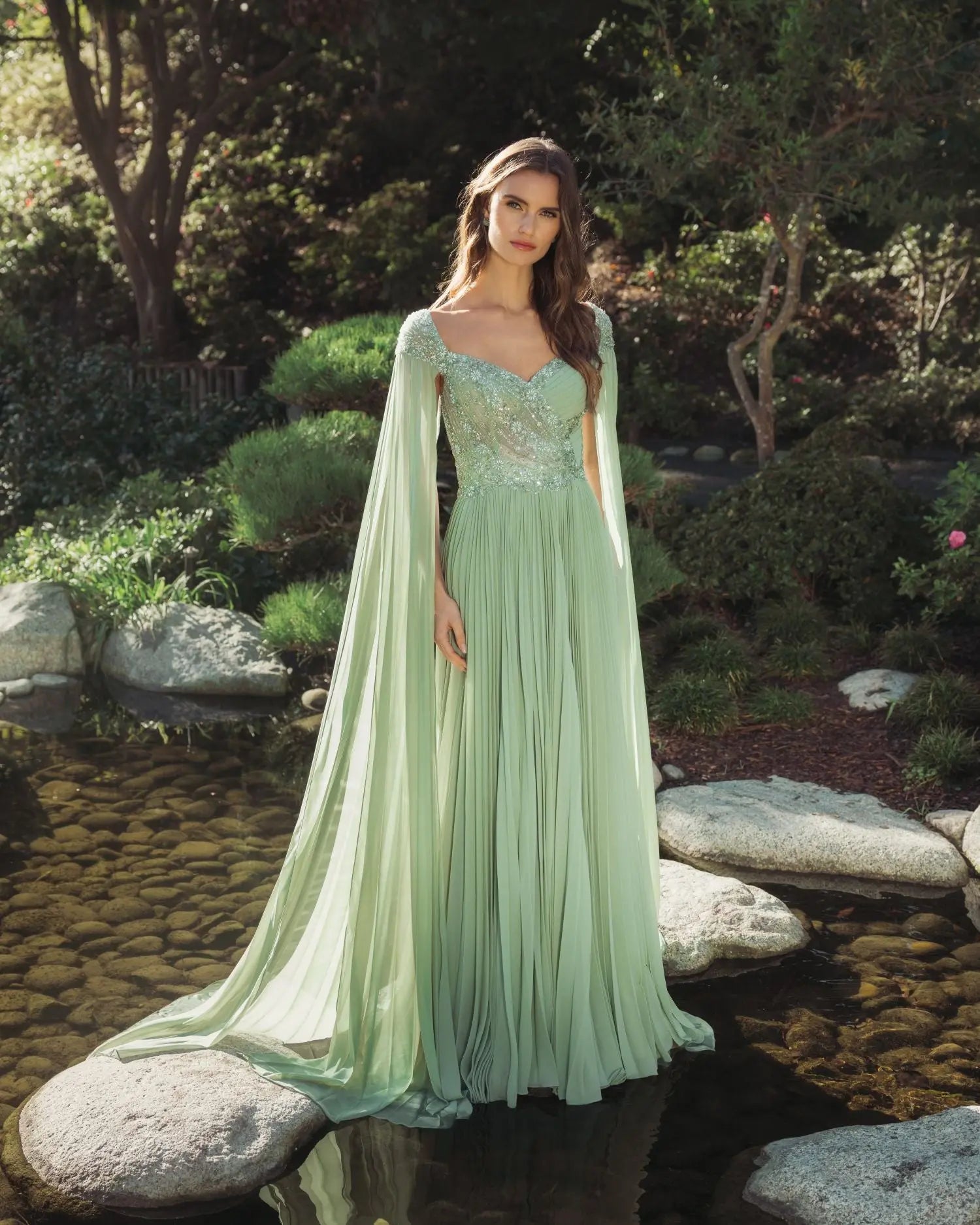 Green Embellished Chiffon Cape Sleeve A Line Gown-Myartka