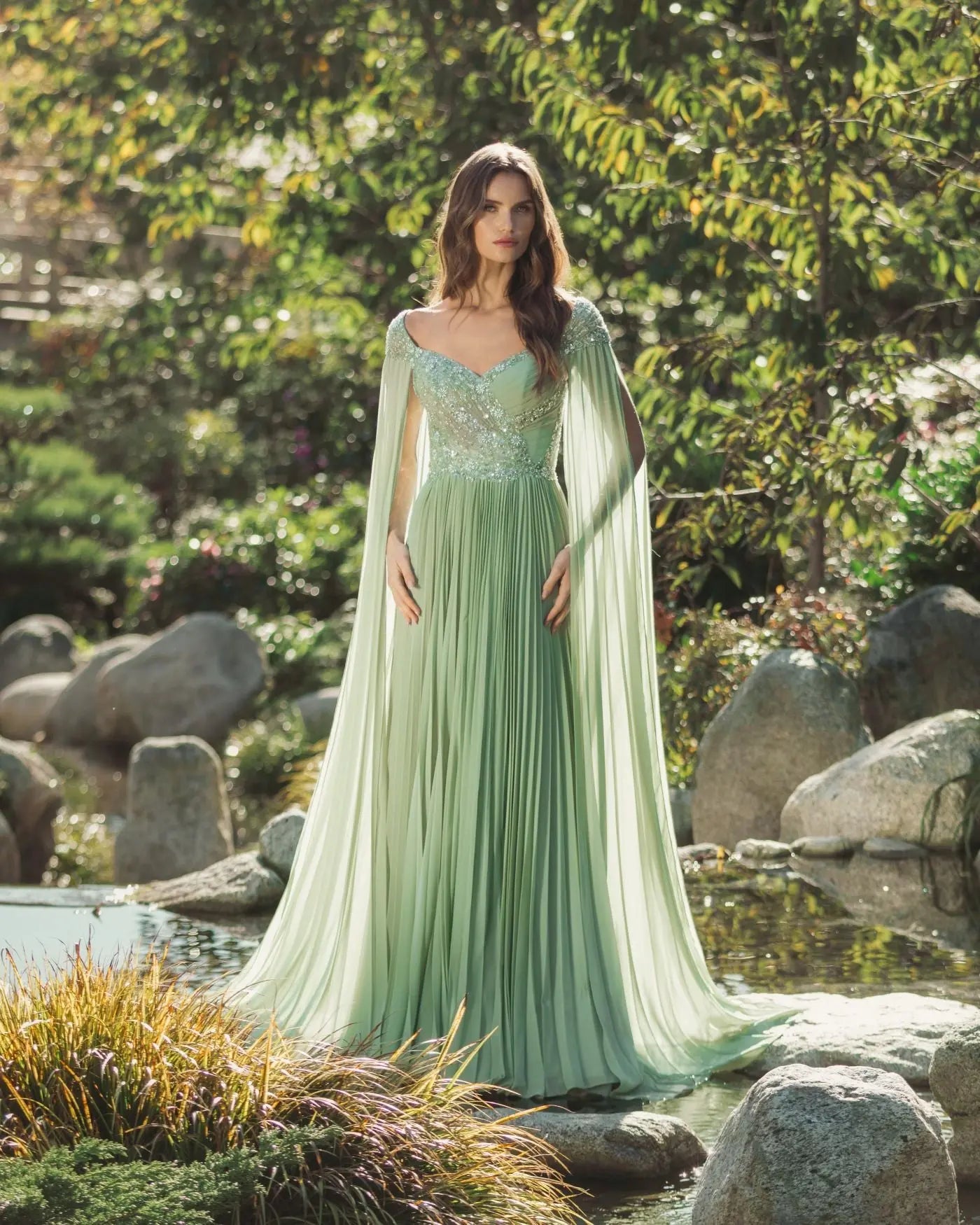 Green Embellished Chiffon Cape Sleeve A Line Gown-Myartka