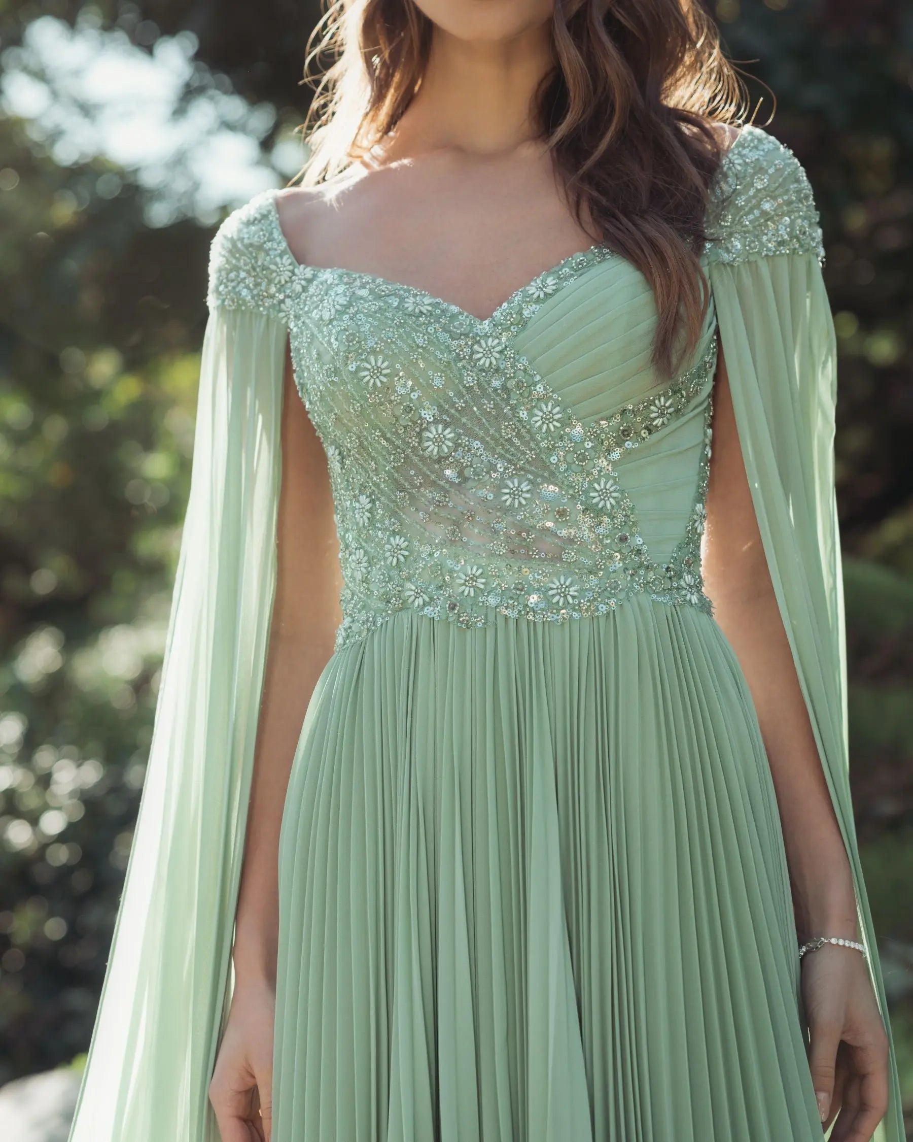 Green Embellished Chiffon Cape Sleeve A Line Gown-Myartka
