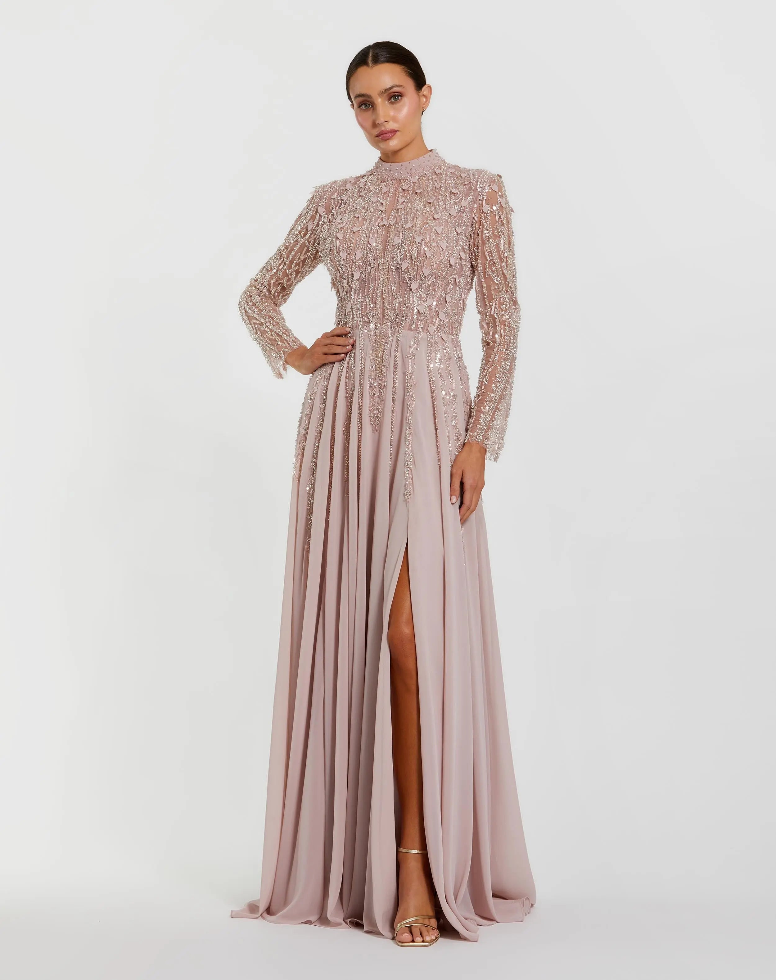 Light Purple Embellished Long Sleeve Gown with Slit-Myartka