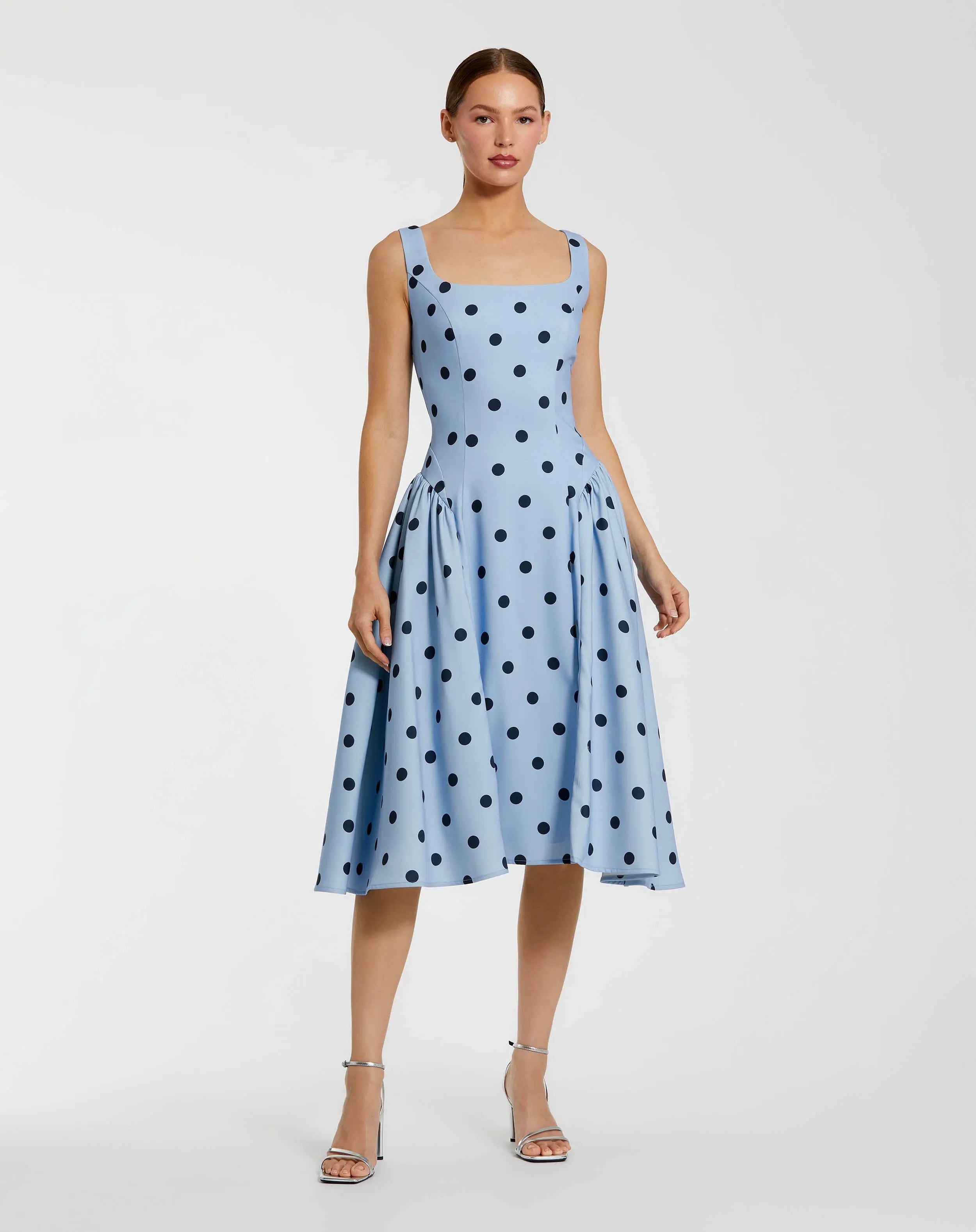 Blue Square Neck Crepe Polka Dot Fit and Flare Midi Dress-Myartka
