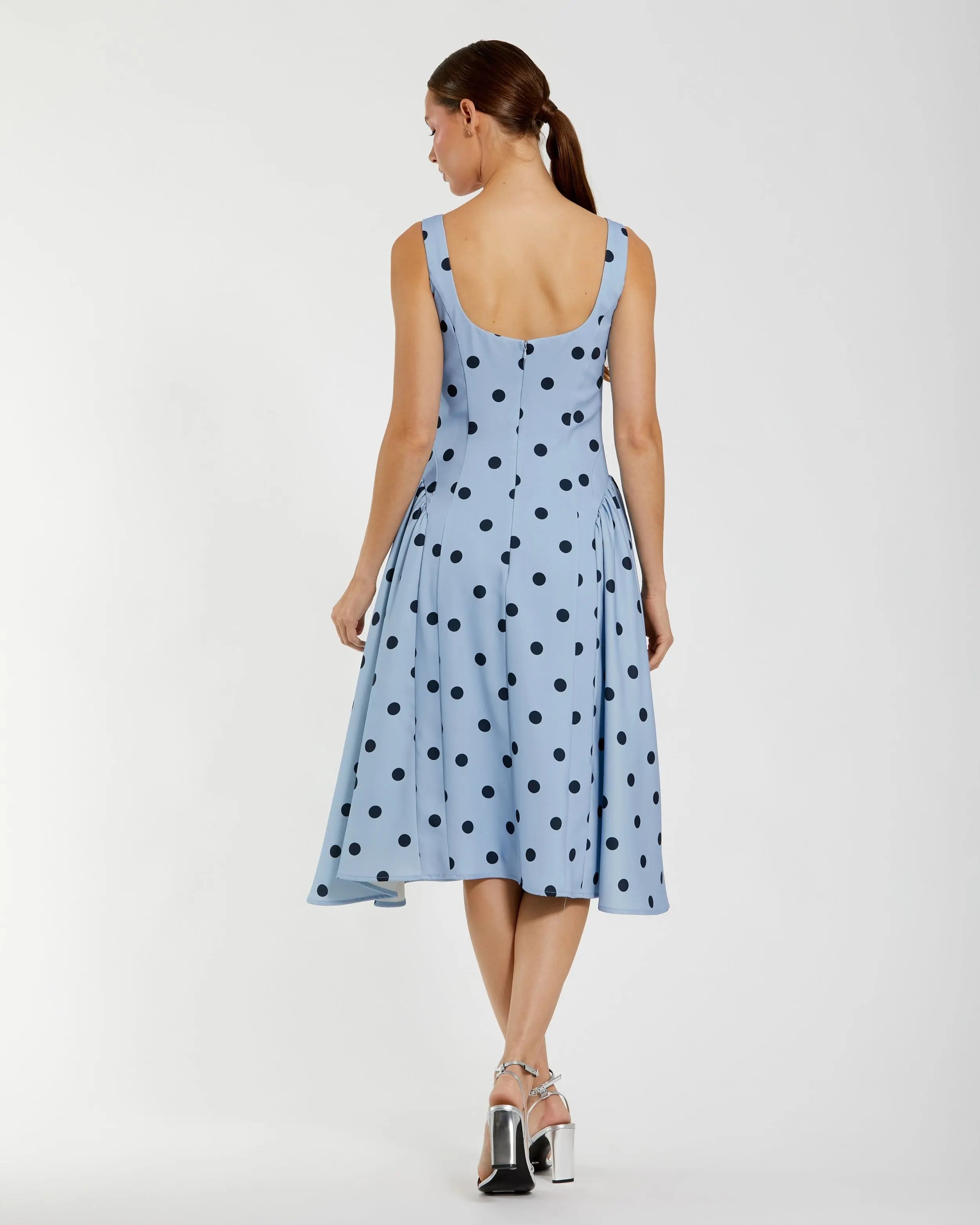 Blue Square Neck Crepe Polka Dot Fit and Flare Midi Dress-Myartka