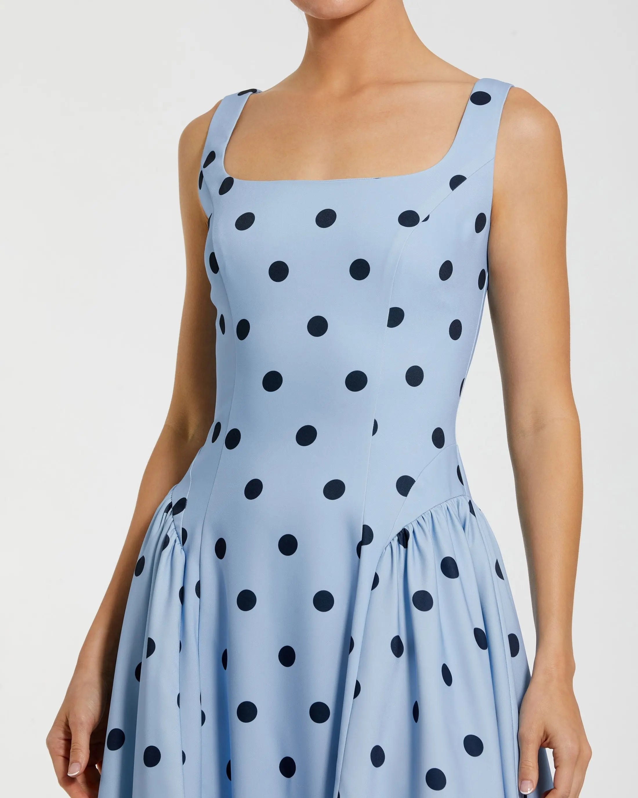 Blue Square Neck Crepe Polka Dot Fit and Flare Midi Dress-Myartka