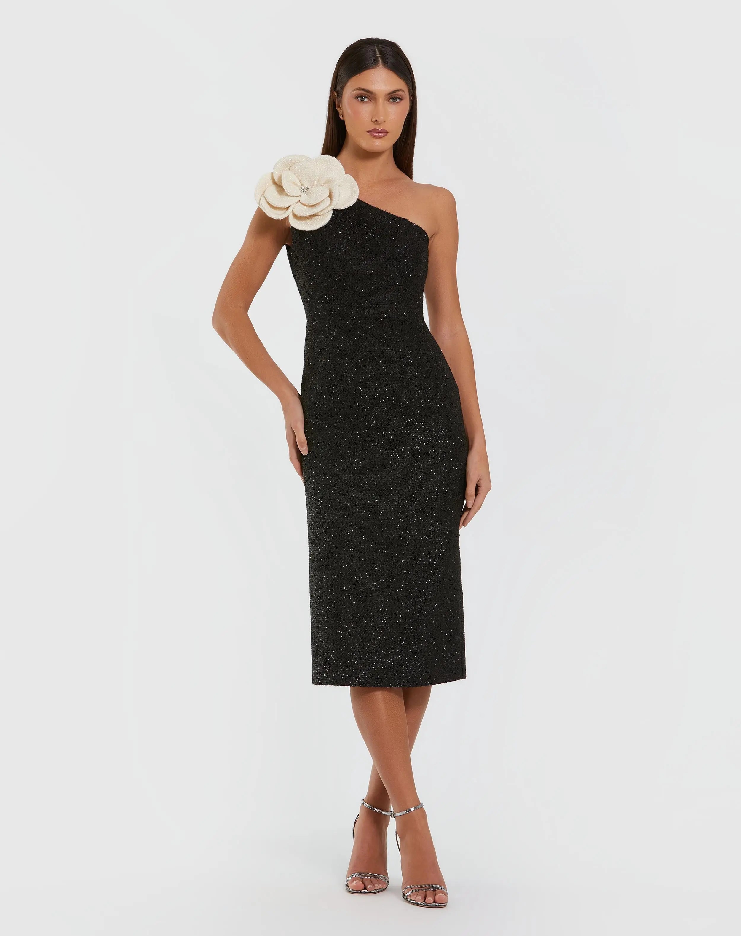 Black One Shoulder Boucle Midi Dress With 3D Flower-Myartka