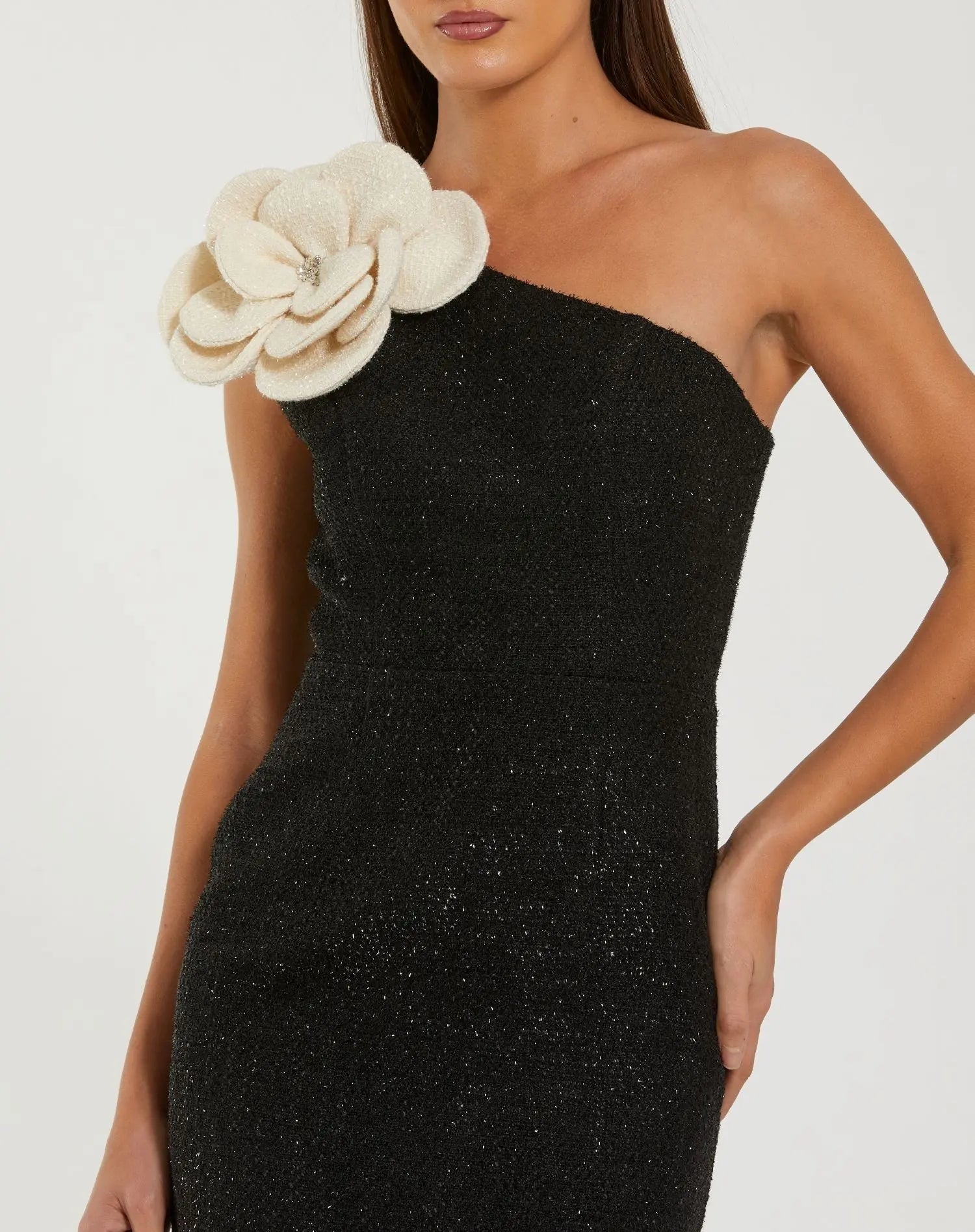 Black One Shoulder Boucle Midi Dress With 3D Flower-Myartka