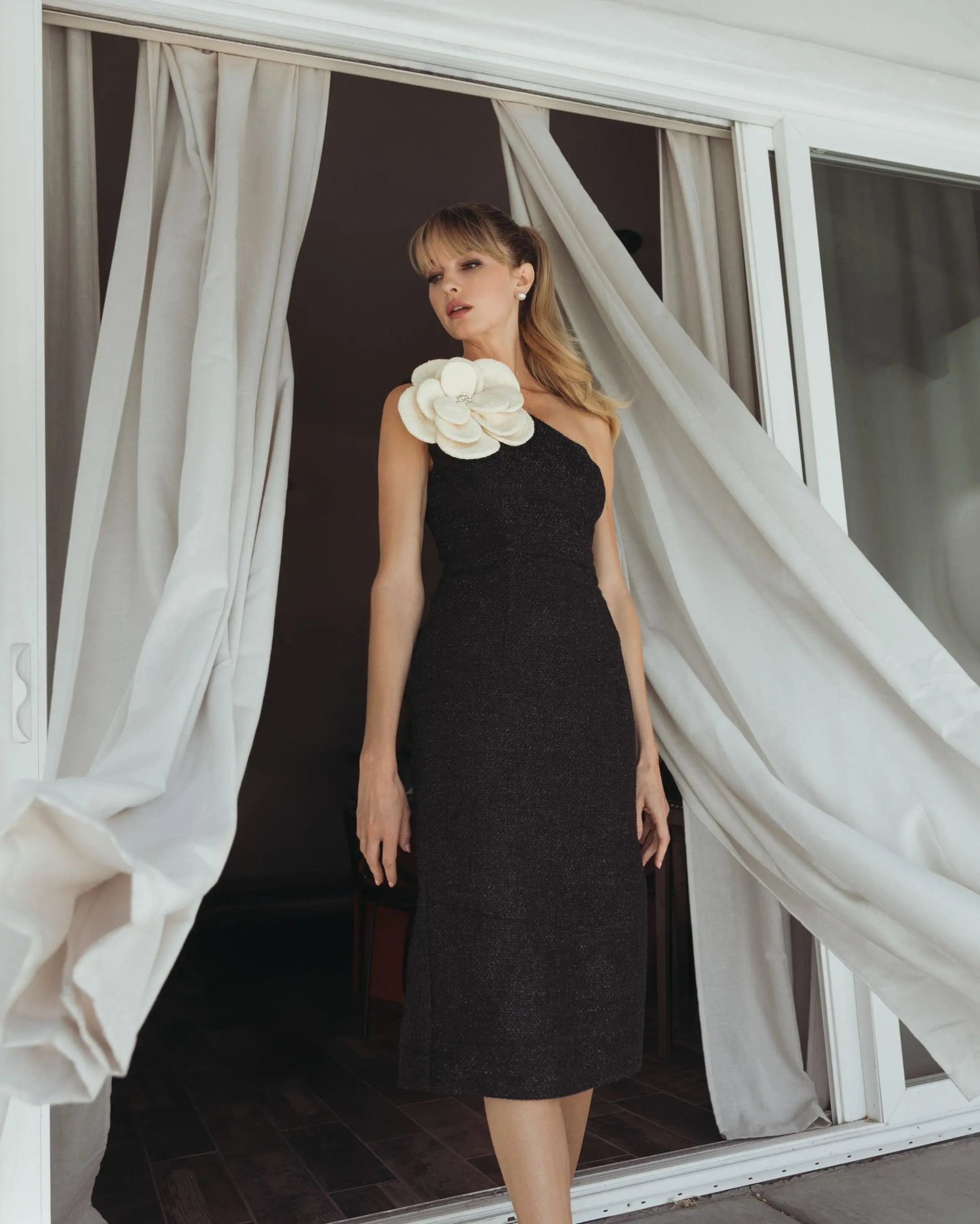 Black One Shoulder Boucle Midi Dress With 3D Flower-Myartka